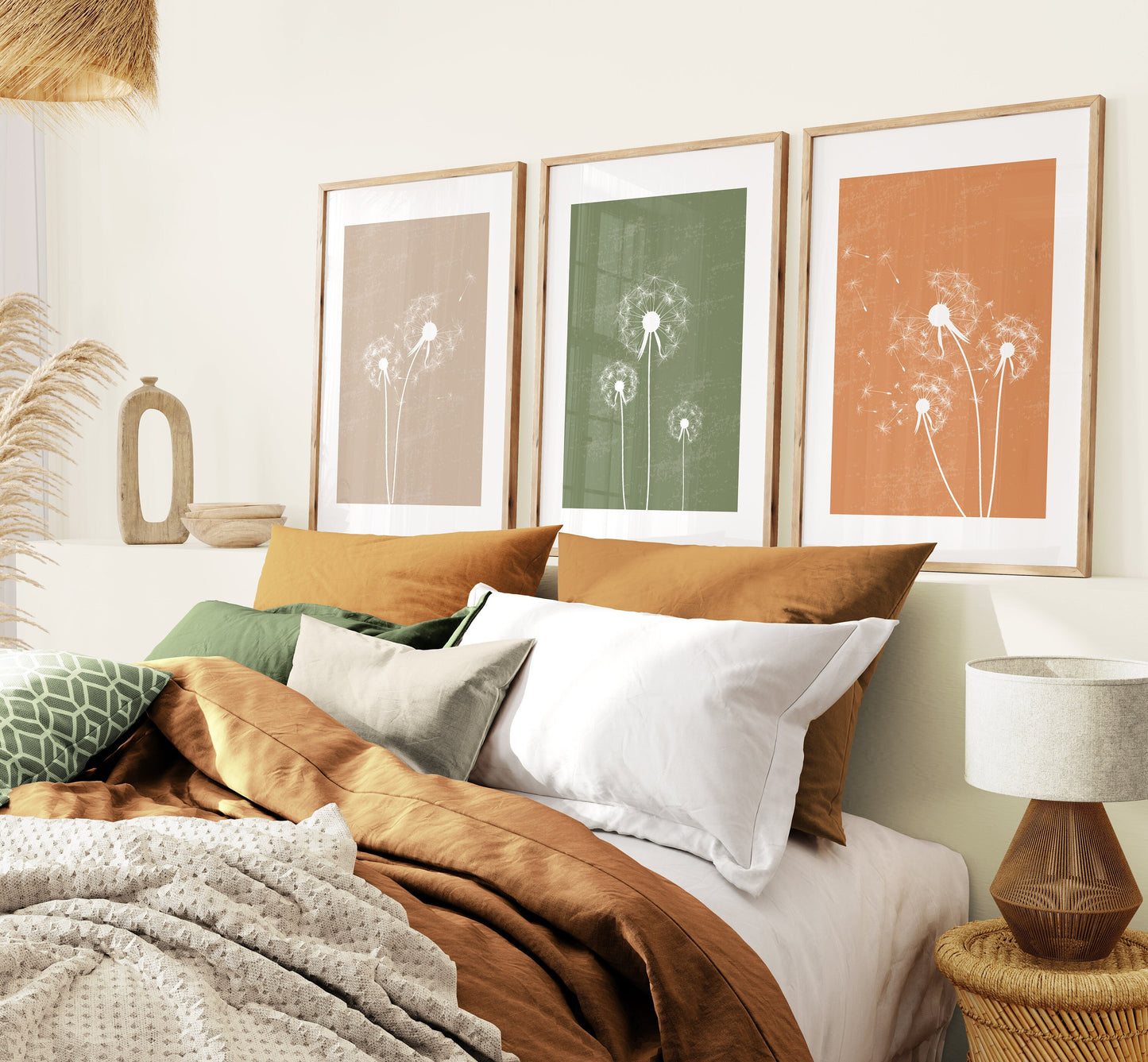 Set of 3 Green & Orange Dandelion Wall Prints