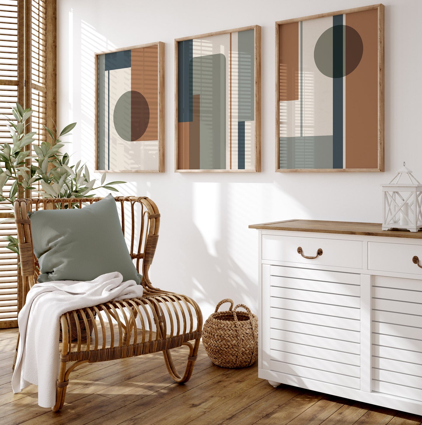 Set of 3 Green & Orange Geometric wall prints