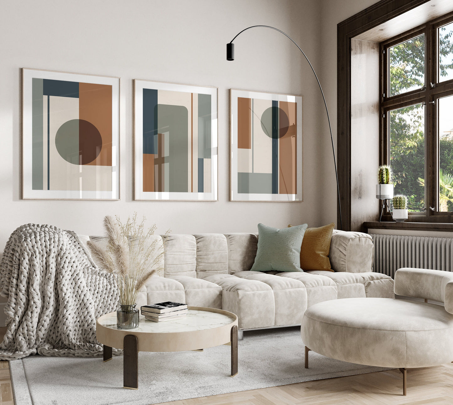 Set of 3 Green & Orange Geometric wall prints