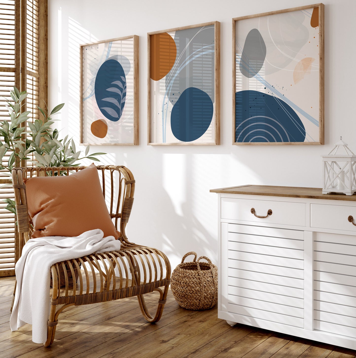 Set of 3 Rust, Orange & Blue Abstract Wall Prints