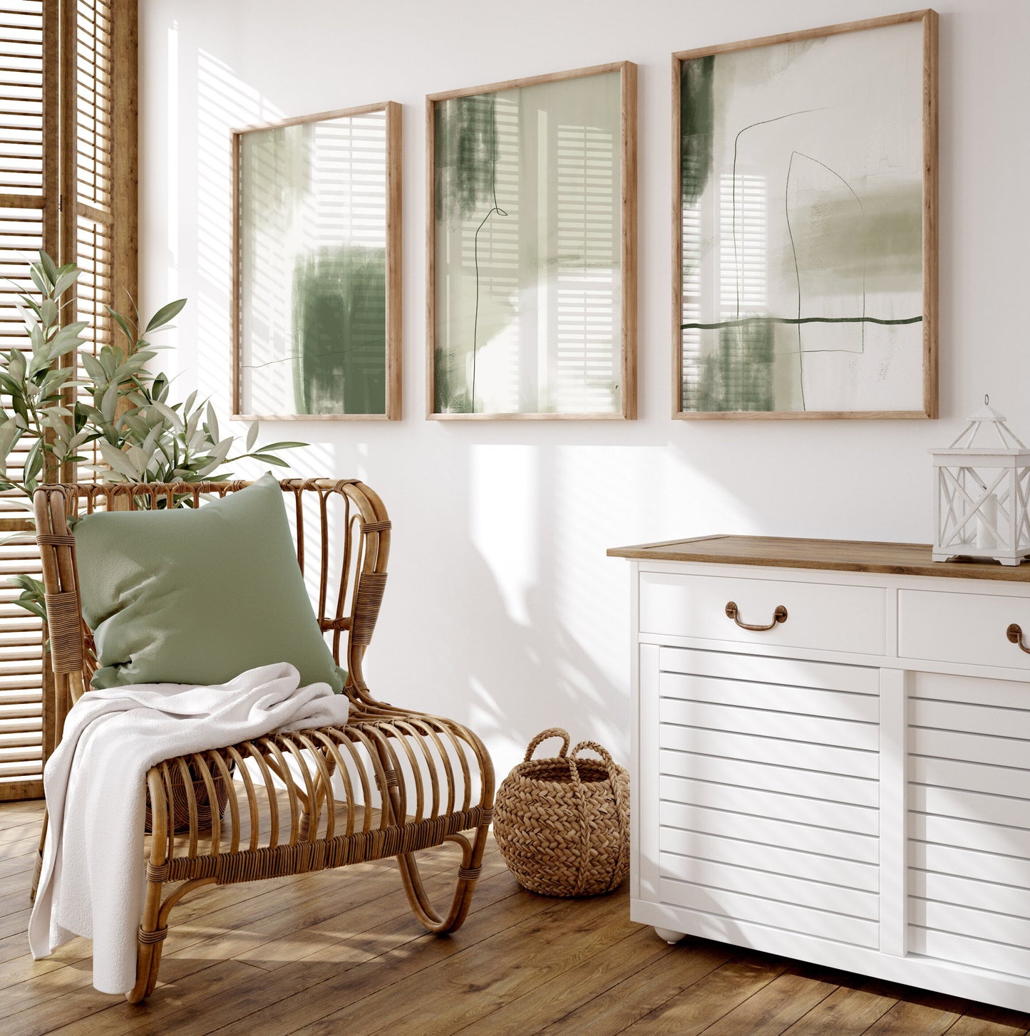 Set of 3 Olive Green Abstract Wall Art Prints