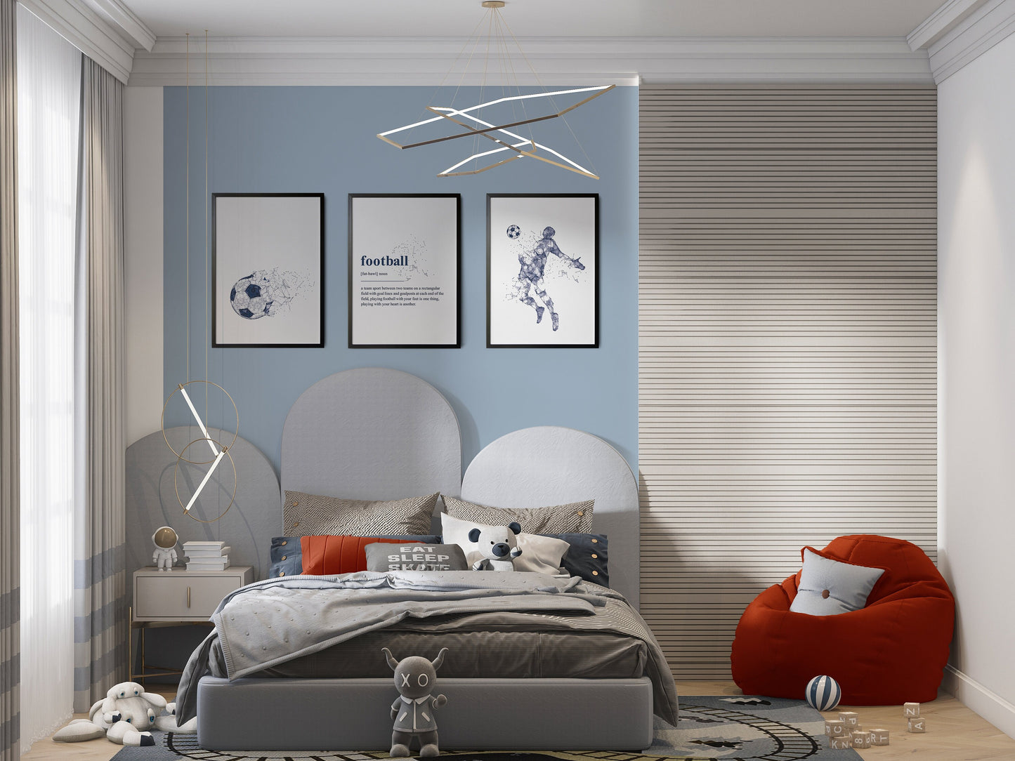 Set of 3 blue abstract Football Wall Art Prints