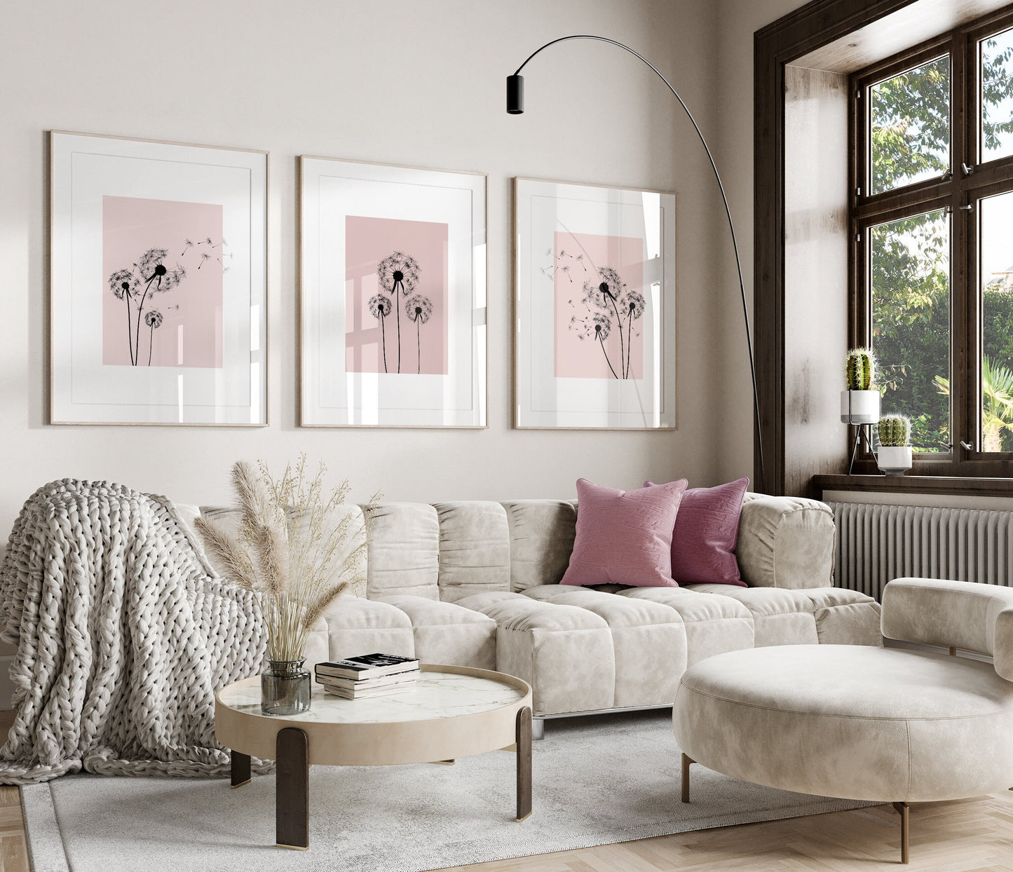 Set of 3 Pink Dandelion Wall Art Prints