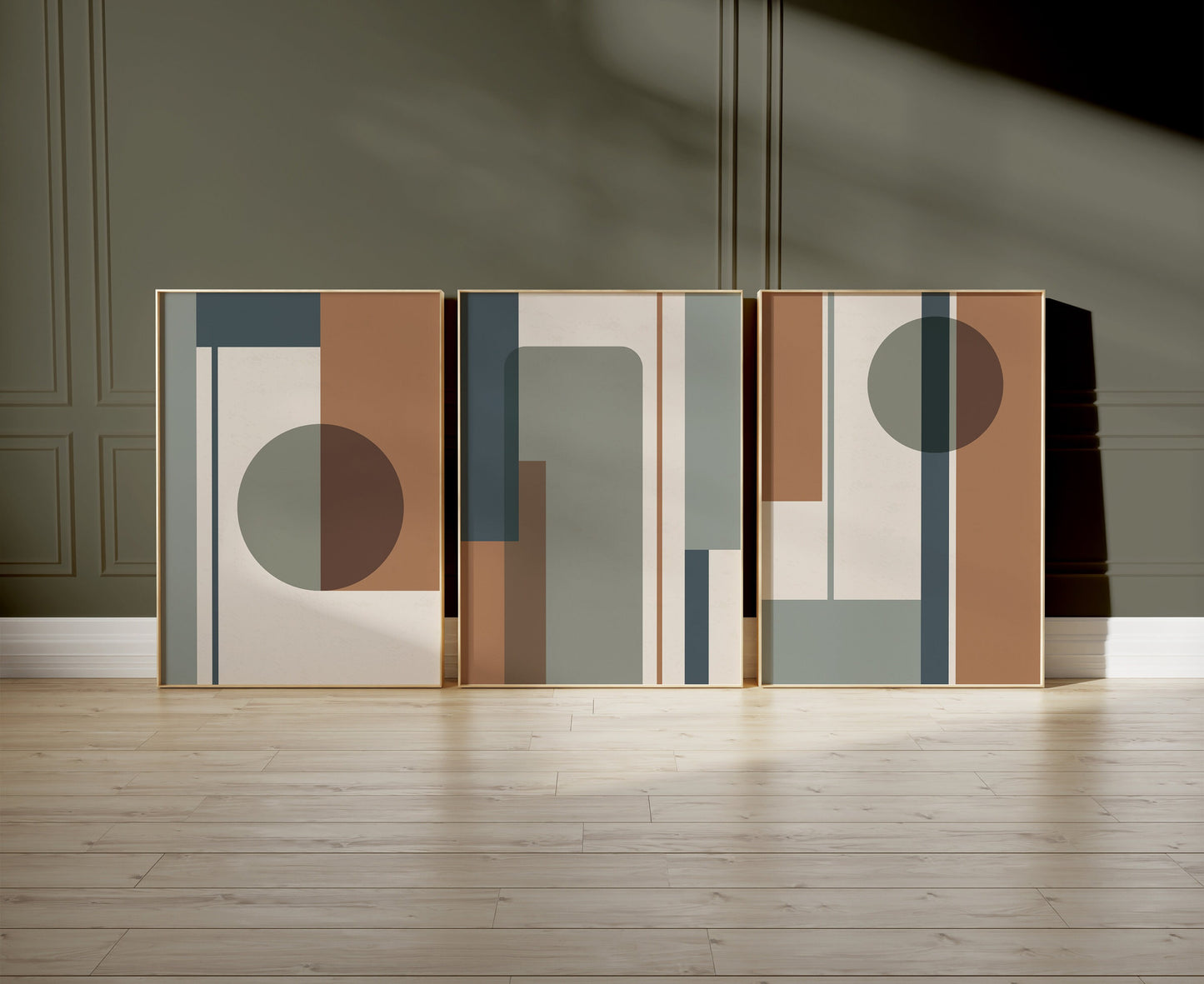 Set of 3 Green & Orange Geometric wall prints