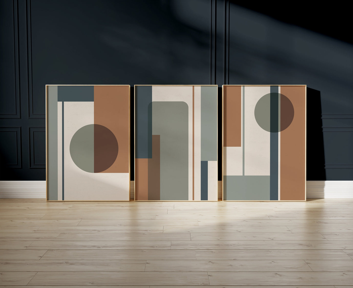 Set of 3 Green & Orange Geometric wall prints