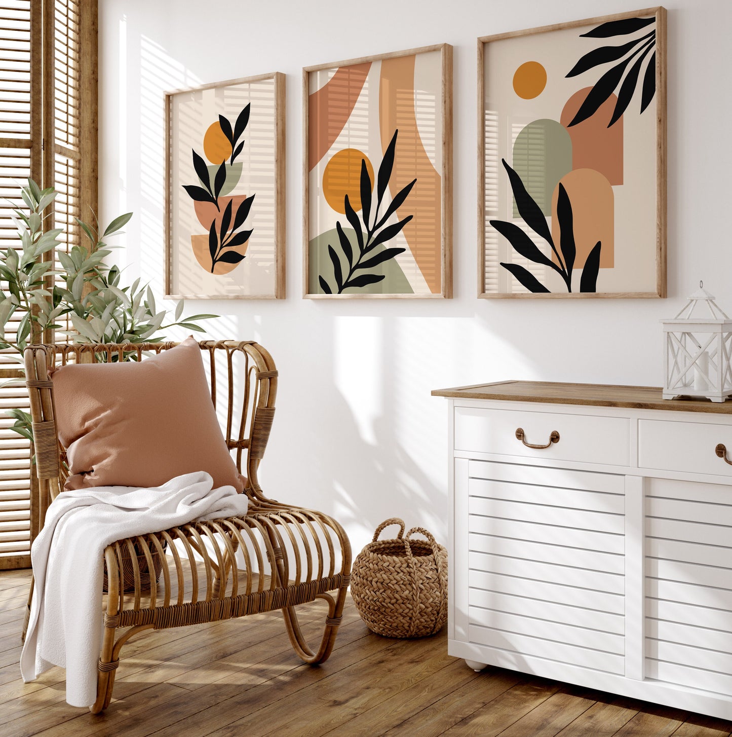 Set of 3 Orange & Green Boho Abstract Wall Art Prints