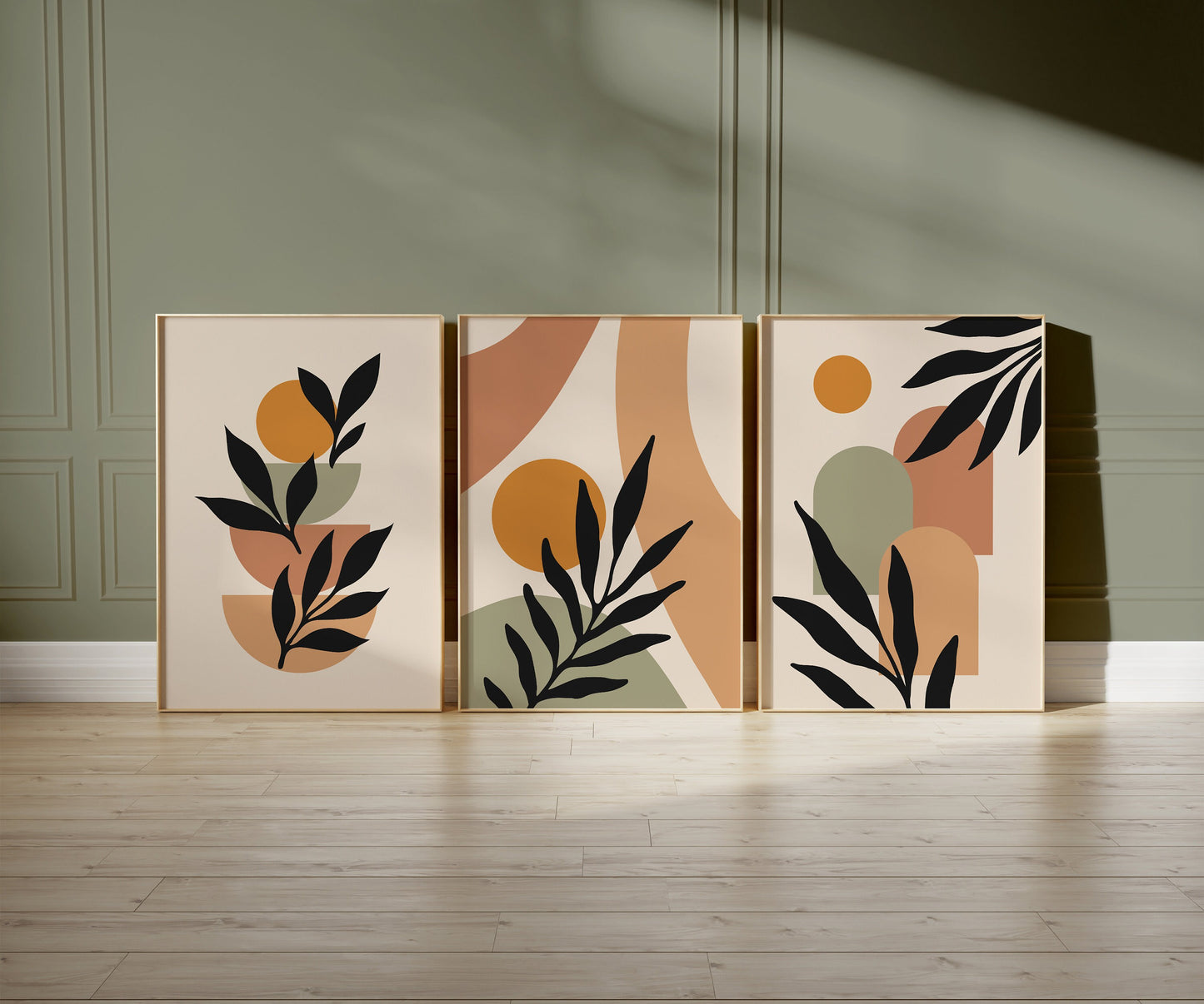 Set of 3 Orange & Green Boho Abstract Wall Art Prints
