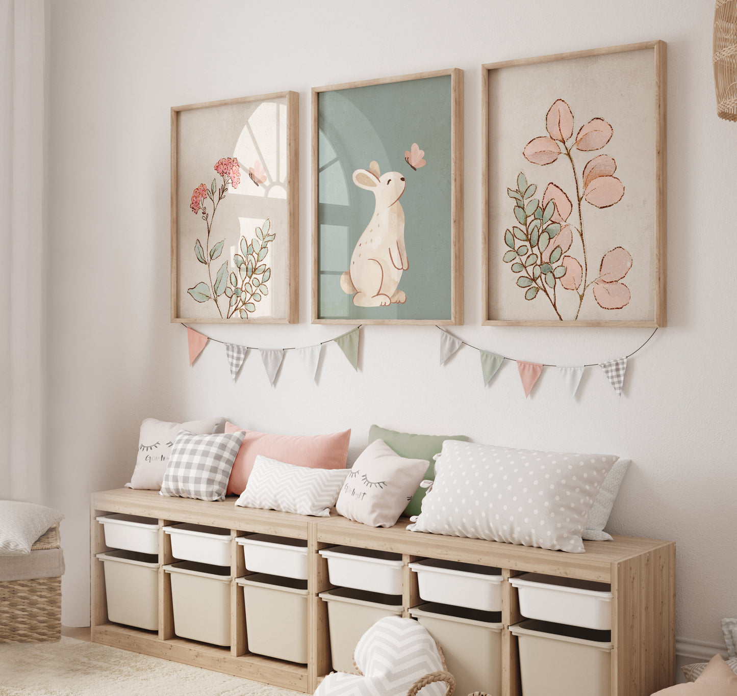 Set of 3 Sage Green Bunny Girls Nursery Wall Prints