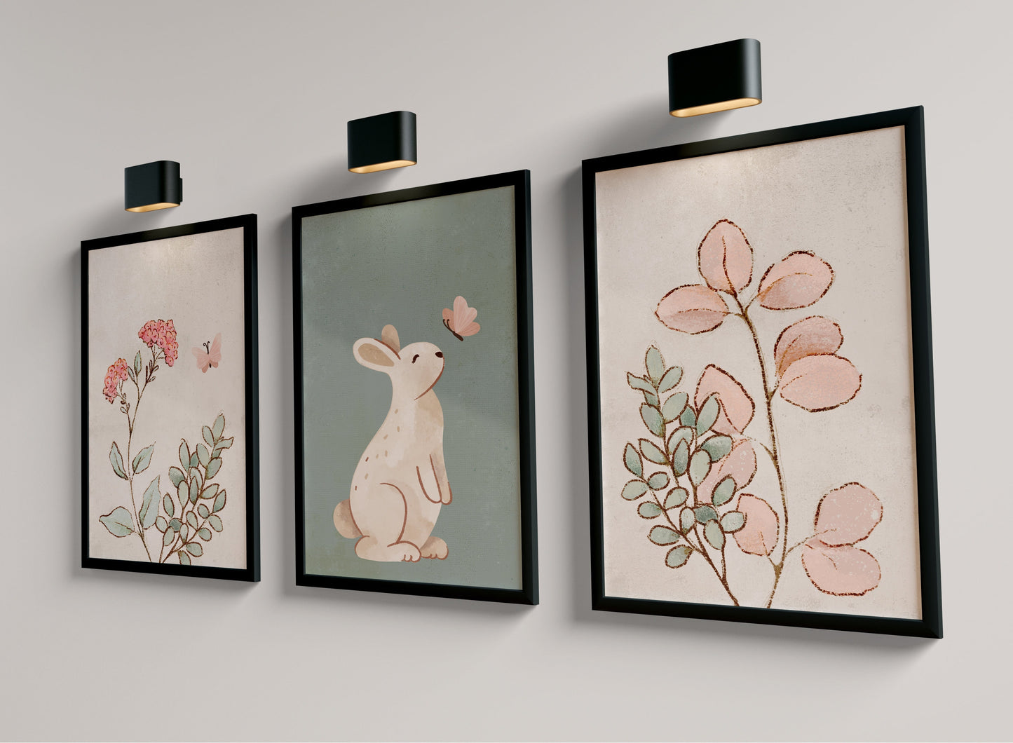 Set of 3 Sage Green Bunny Girls Nursery Wall Prints