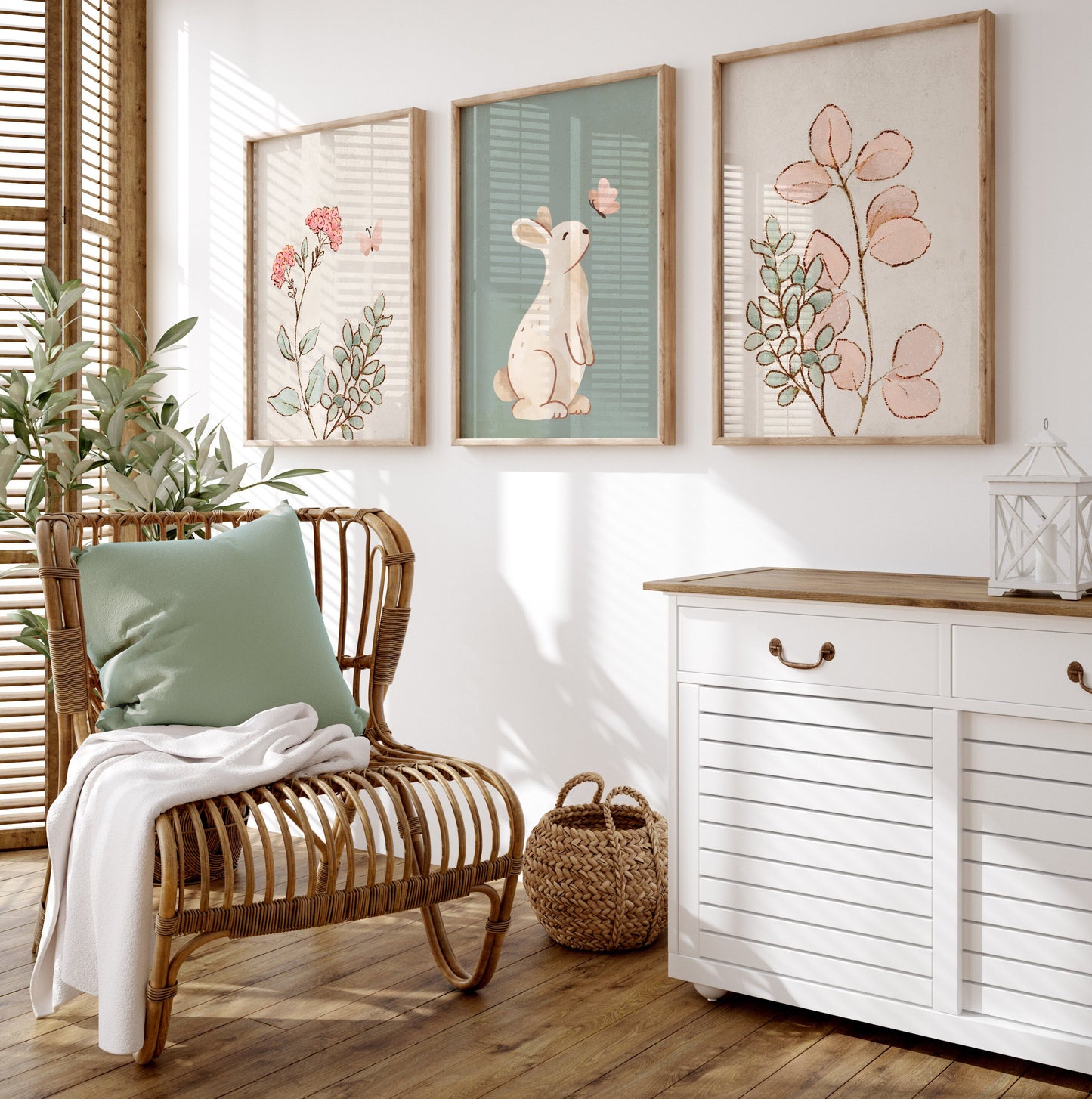 Set of 3 Sage Green Bunny Girls Nursery Wall Prints