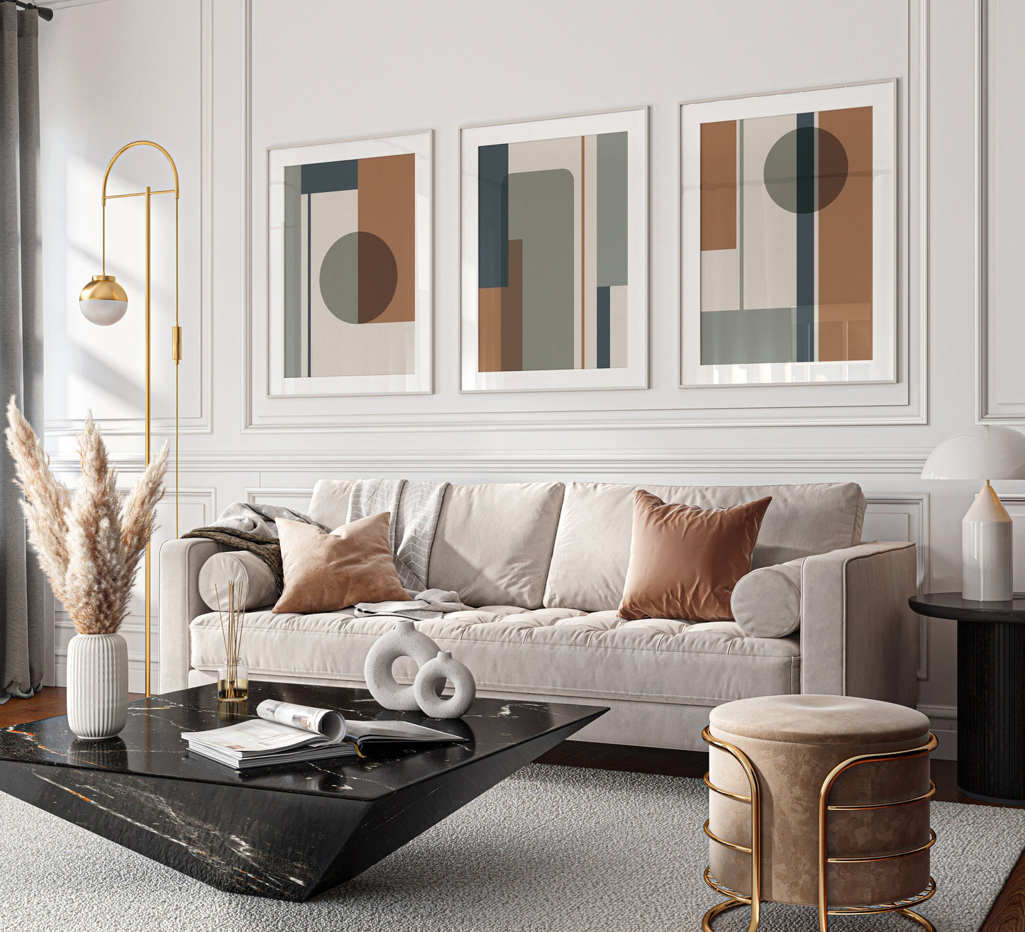 Set of 3 Green & Orange Geometric wall prints