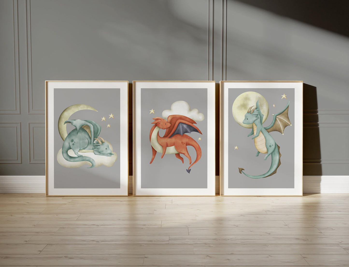 Set of 3 Grey Dragon Boys Bedroom Prints