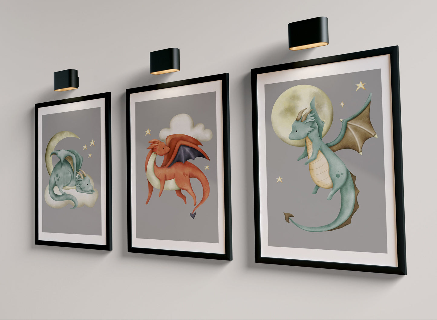 Set of 3 Grey Dragon Boys Bedroom Prints