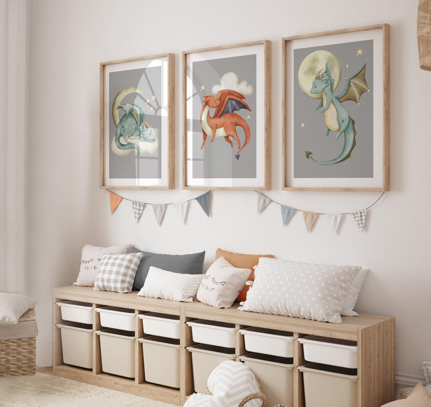 Set of 3 Grey Dragon Boys Bedroom Prints