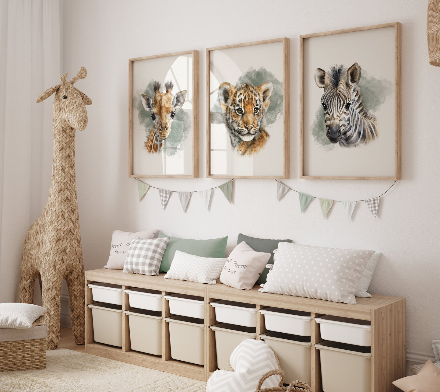 Set of 3 Green Safari Animal Boys bedroom Prints