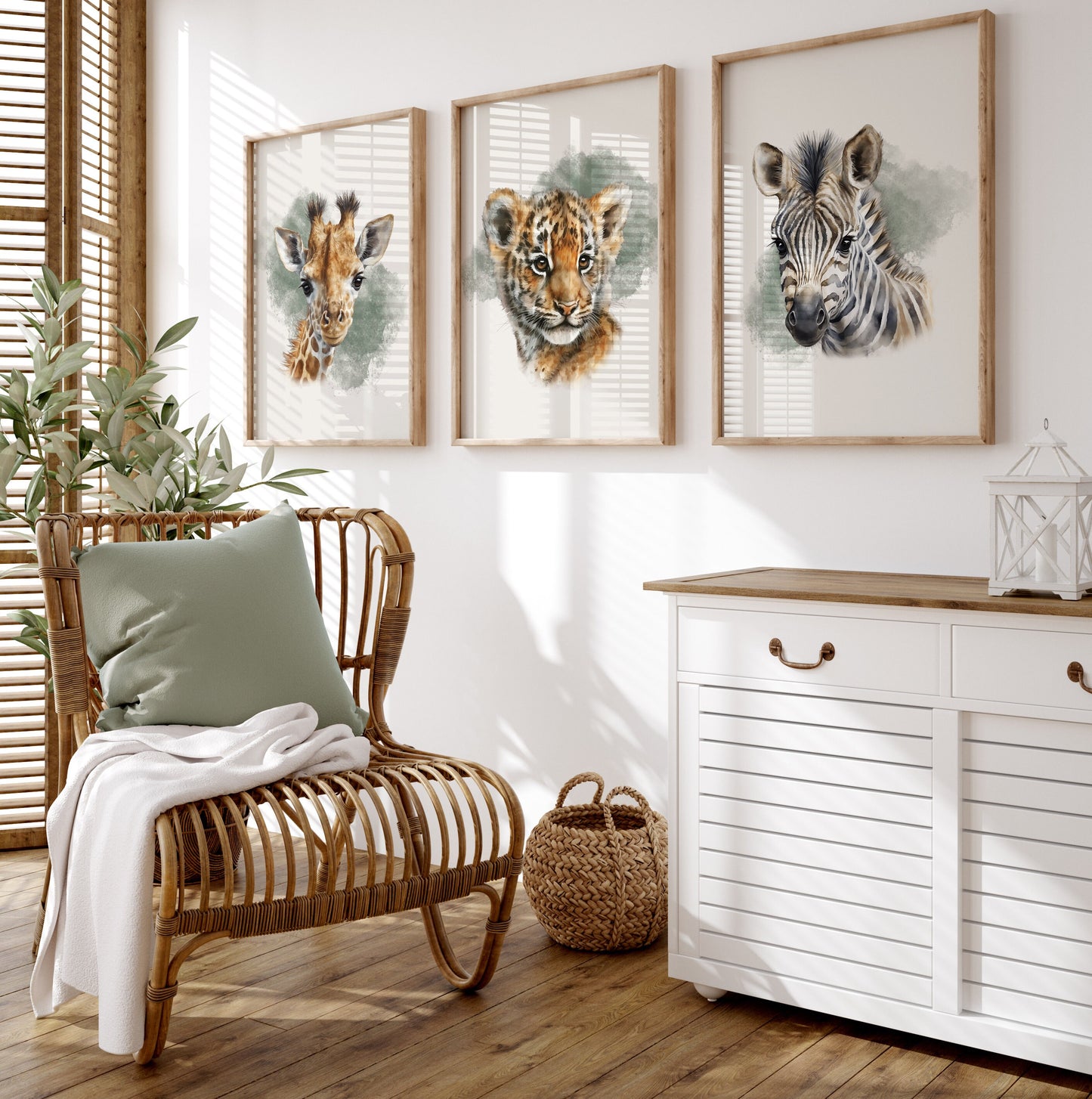 Set of 3 Green Safari Animal Boys bedroom Prints