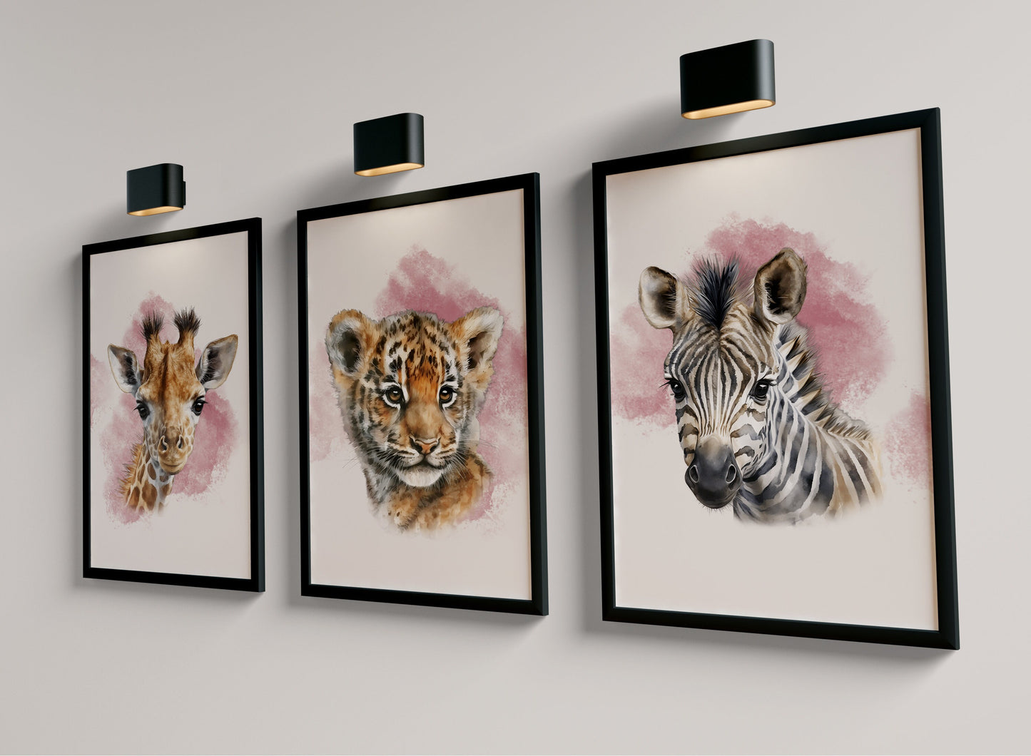 Set of 3 Pink Girls Safari Animal Nursery Wall Prints
