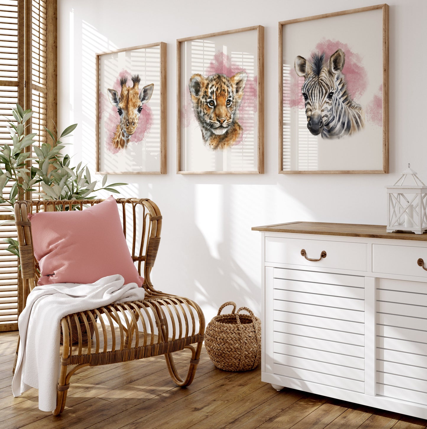 Set of 3 Pink Girls Safari Animal Nursery Wall Prints