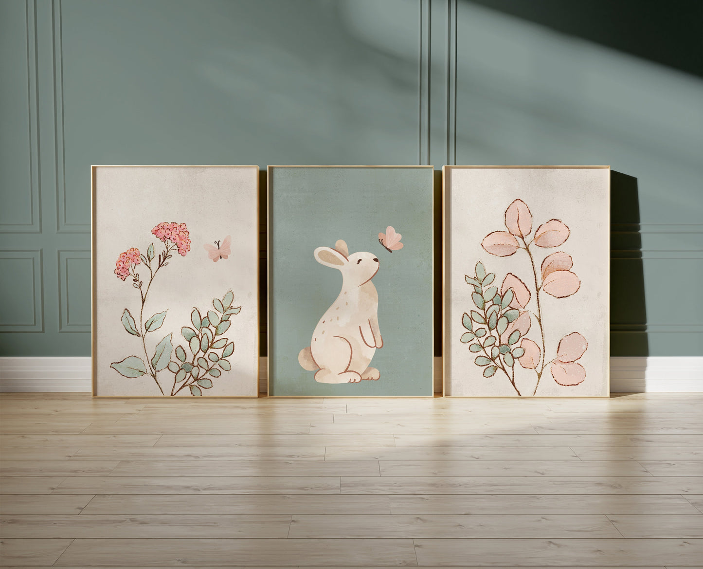 Set of 3 Sage Green Bunny Girls Nursery Wall Prints