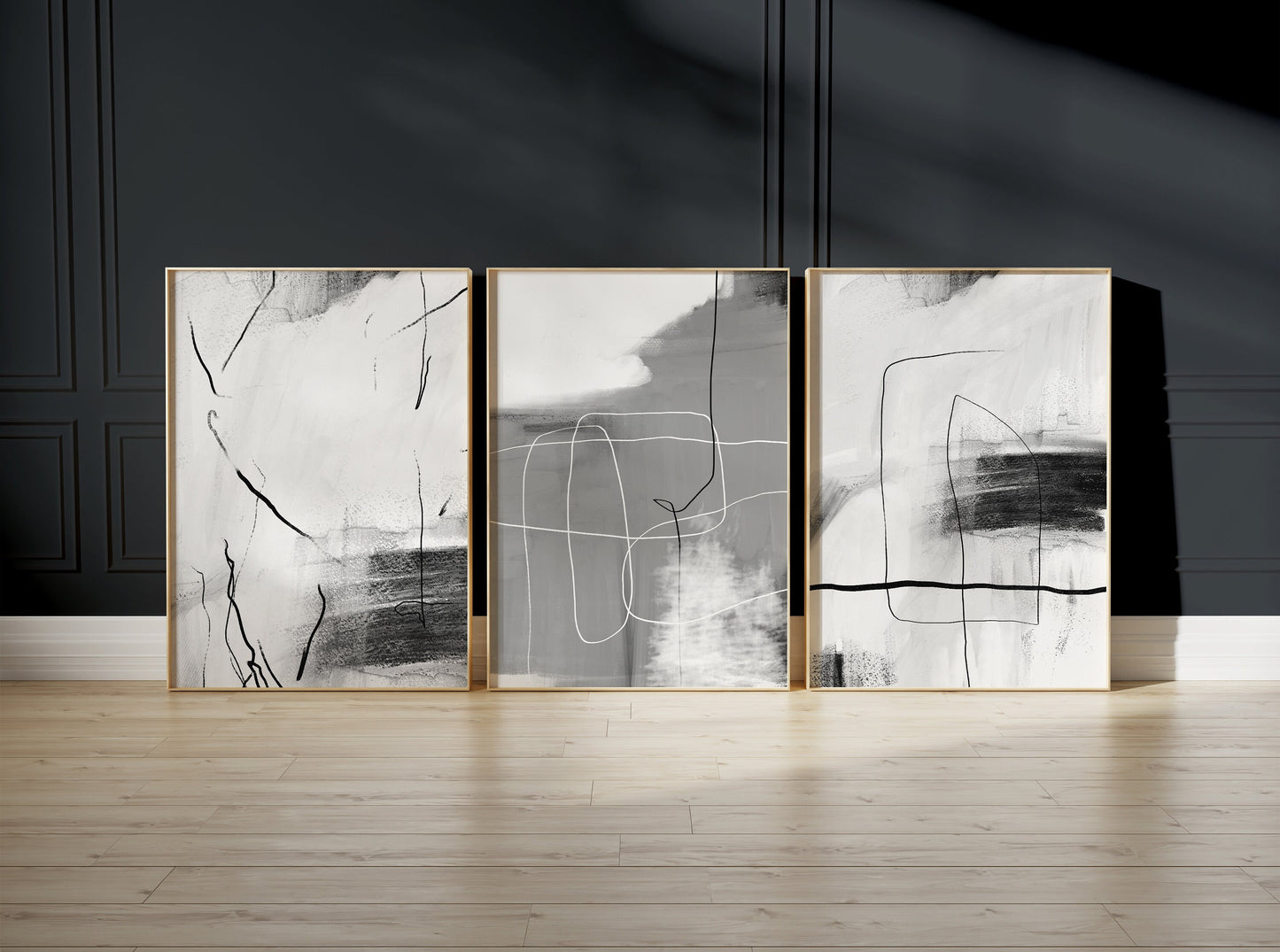 Set of 3 Grey & Black Abstract Wall Prints