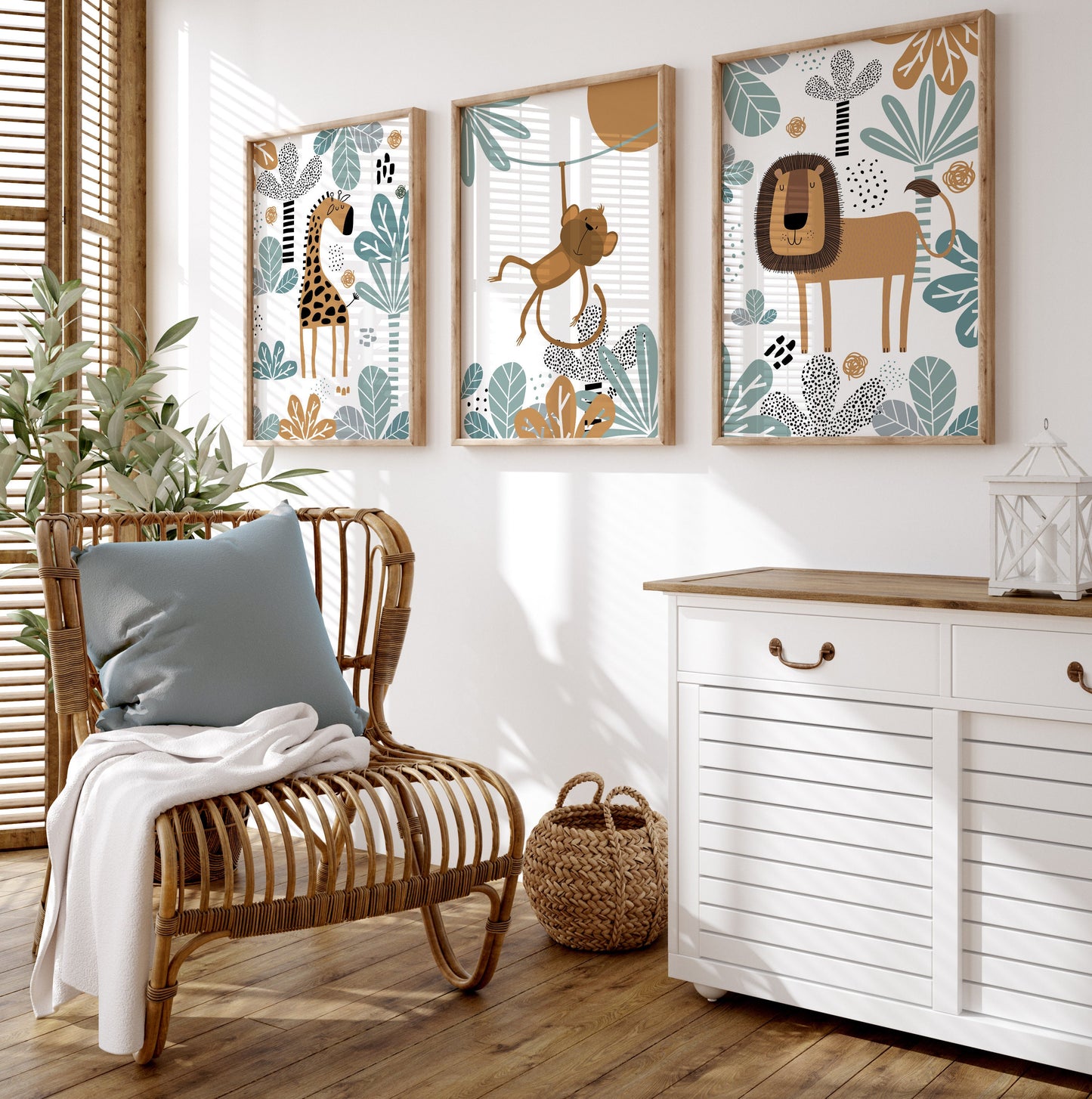 Set of 3 Duck Egg Blue Safari Nursery Wall Prints