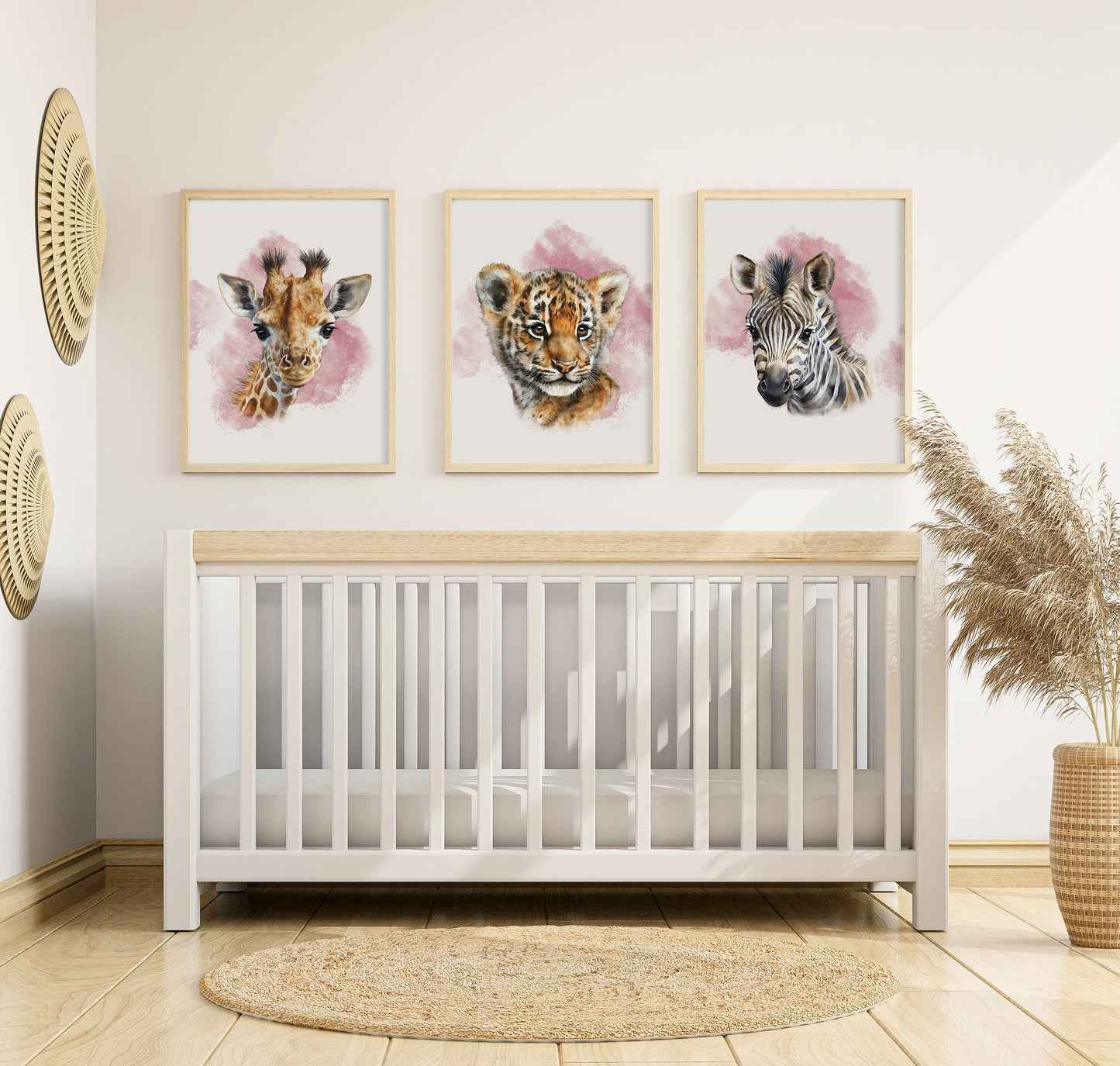 Set of 3 Pink Girls Safari Animal Nursery Wall Prints