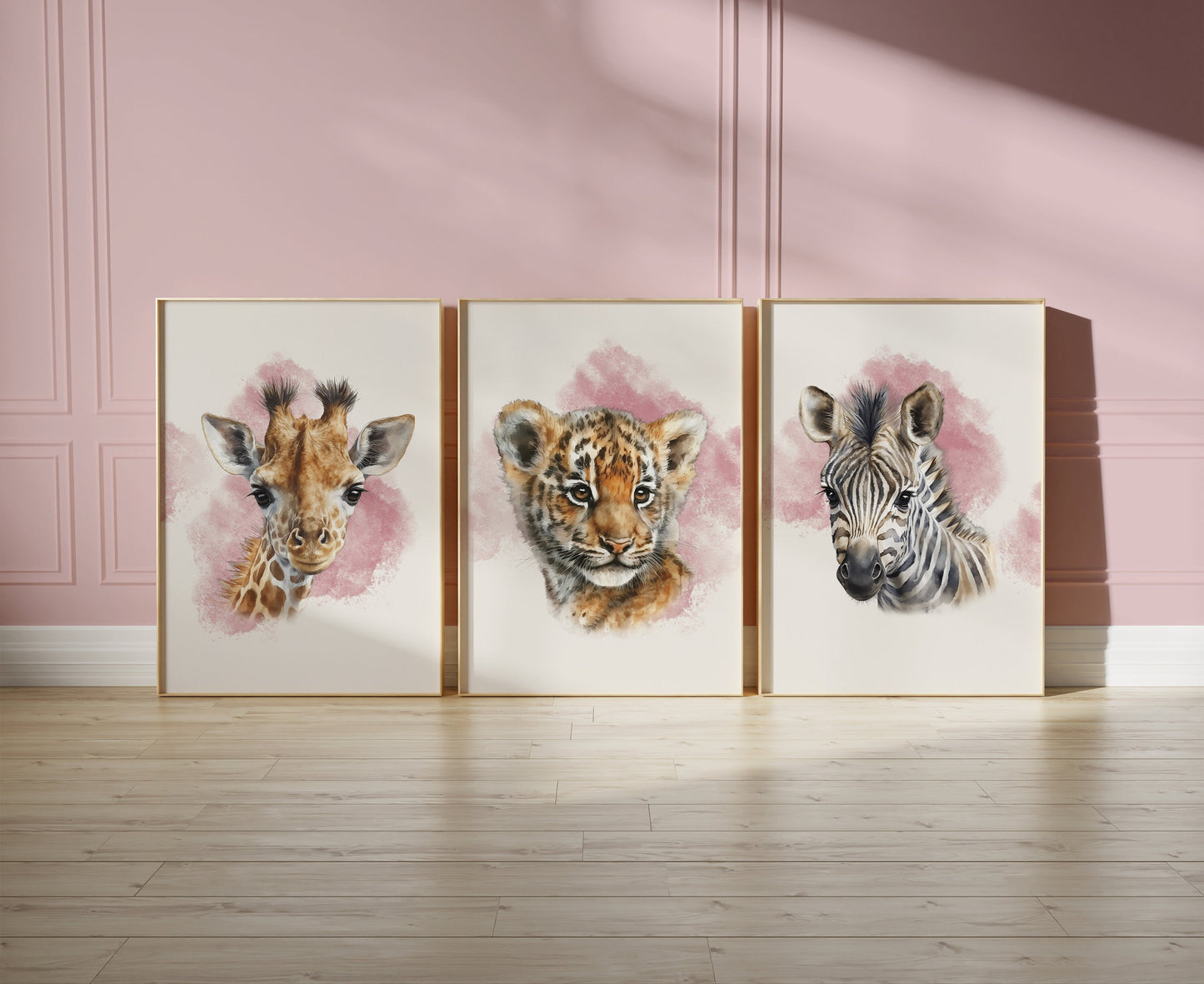 Set of 3 Pink Girls Safari Animal Nursery Wall Prints