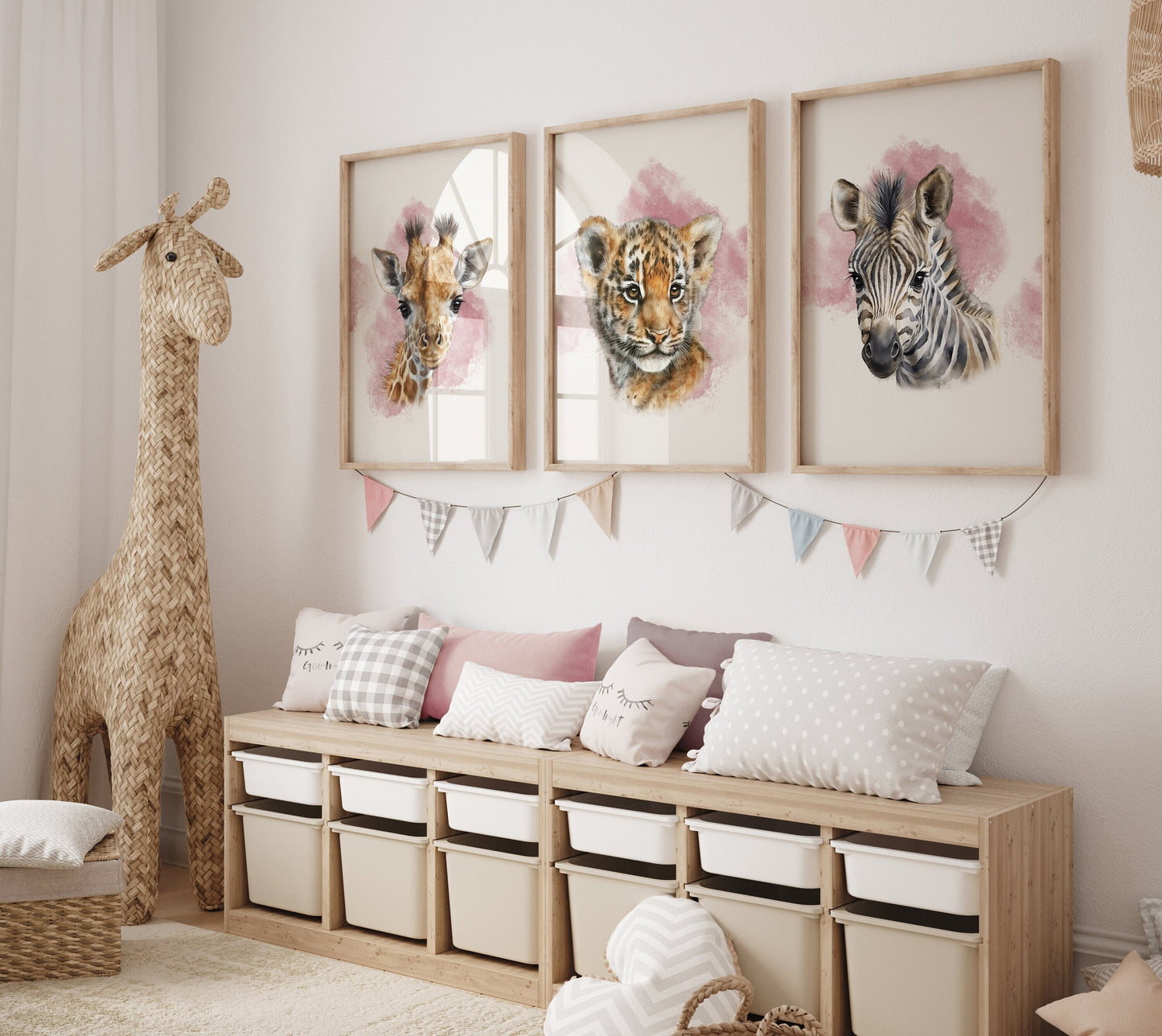 Set of 3 Pink Girls Safari Animal Nursery Wall Prints