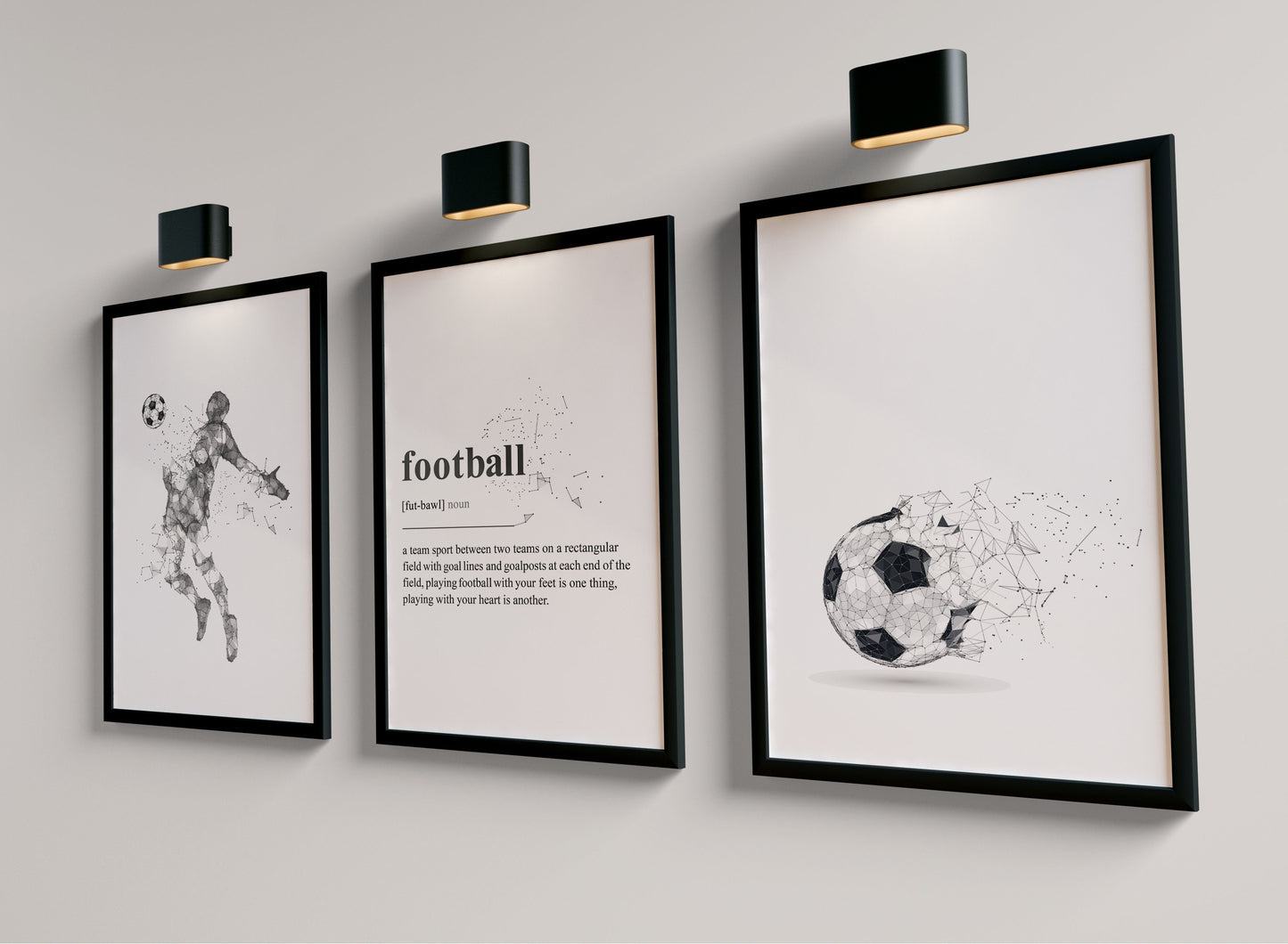 Set of 3 Black & Grey Abstract Football Wall Art Prints