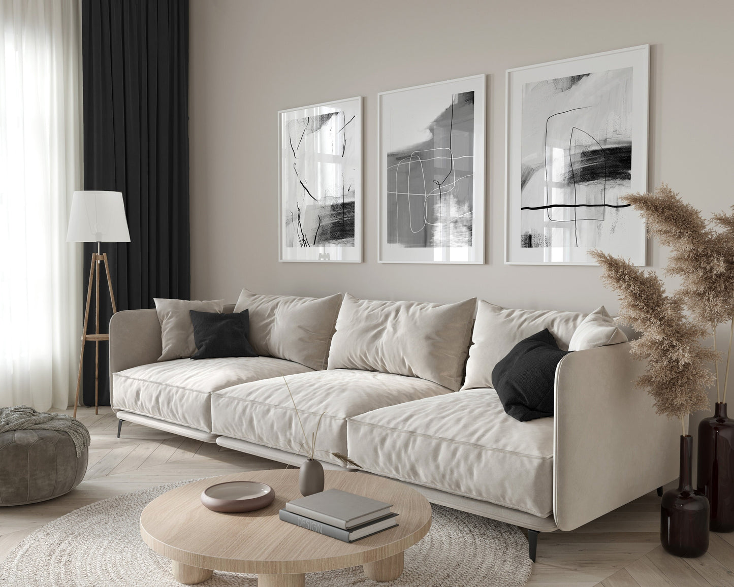 Set of 3 Grey & Black Abstract Wall Prints