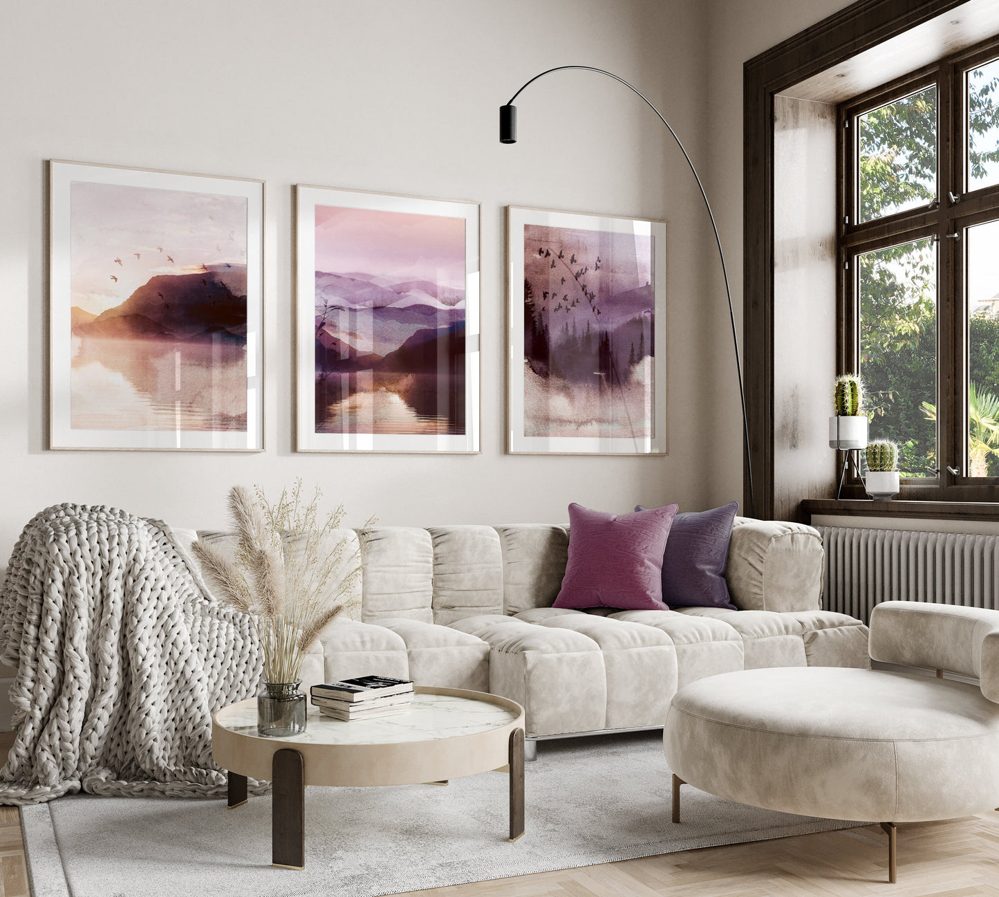 Set of 3 Pink & Purple Landscape Wall Art Prints