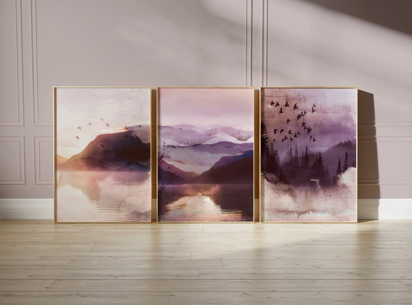 Set of 3 Pink & Purple Landscape Wall Art Prints
