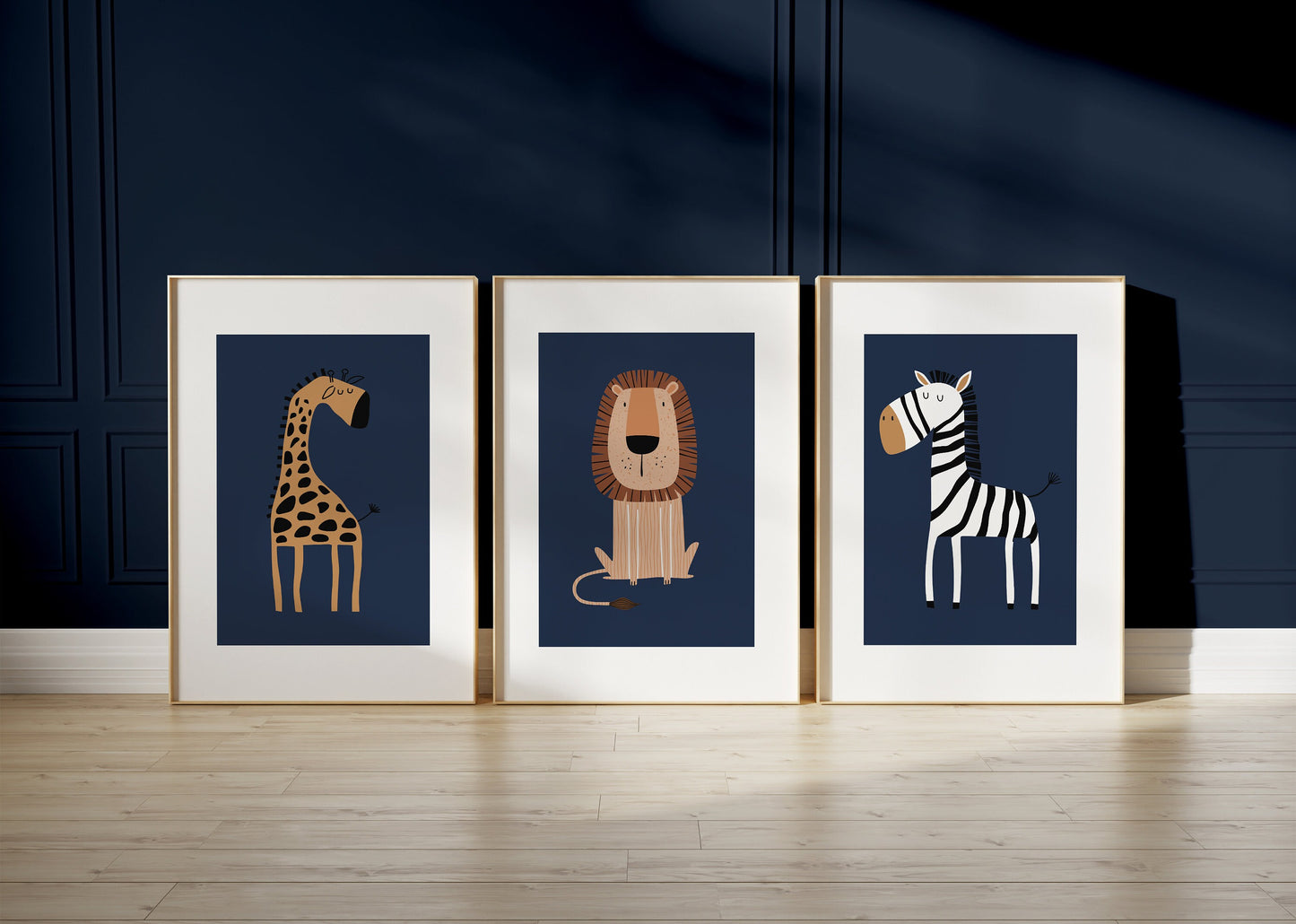 Set of 3 Navy Blue Safari Animal Nursery Wall Art Prints