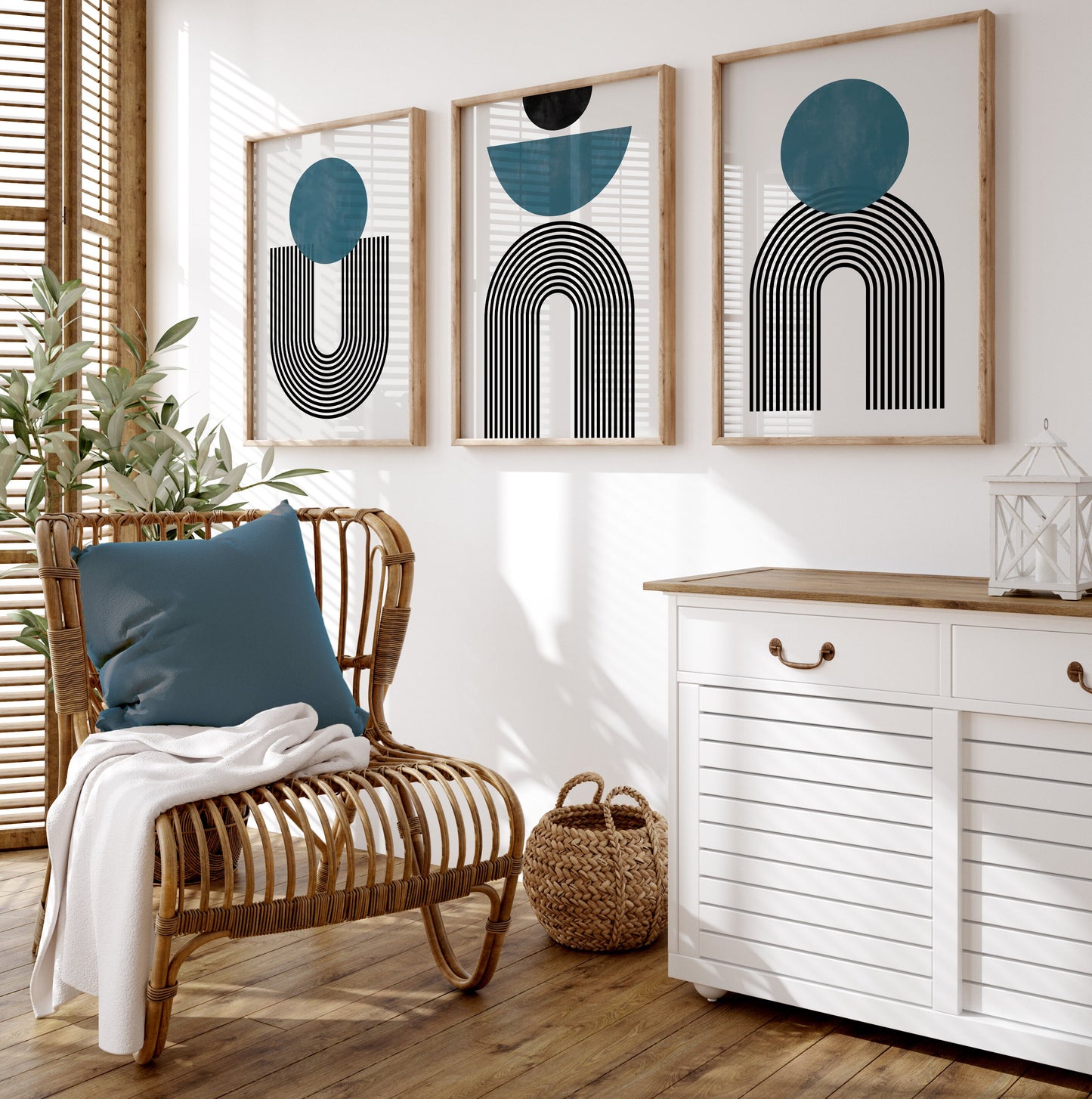 Set of 3 Teal Abstract Modern Mid Century Wall Art Prints