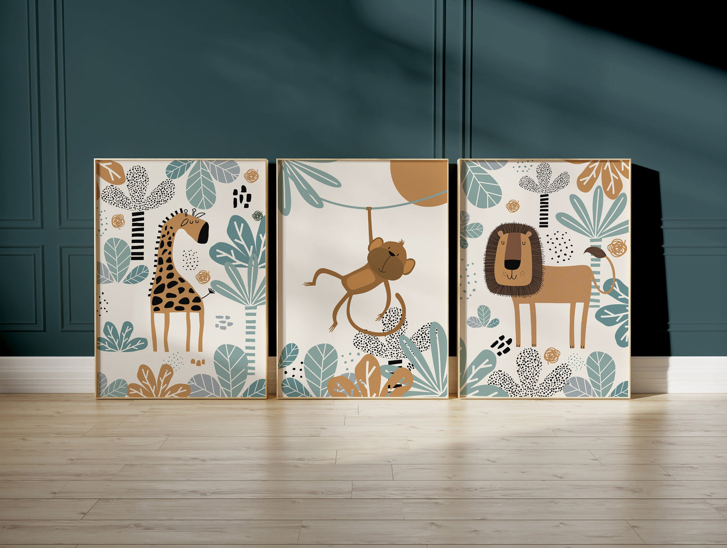Set of 3 Duck Egg Blue Safari Nursery Wall Prints
