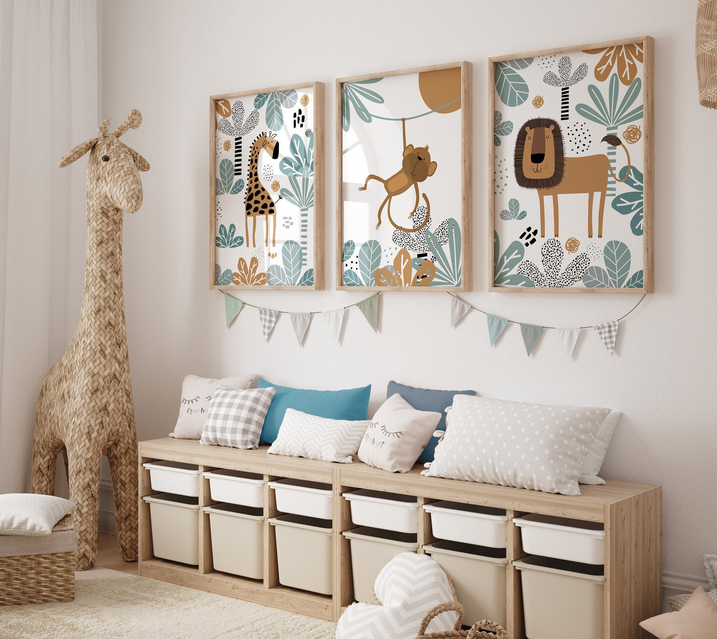 Set of 3 Duck Egg Blue Safari Nursery Wall Prints