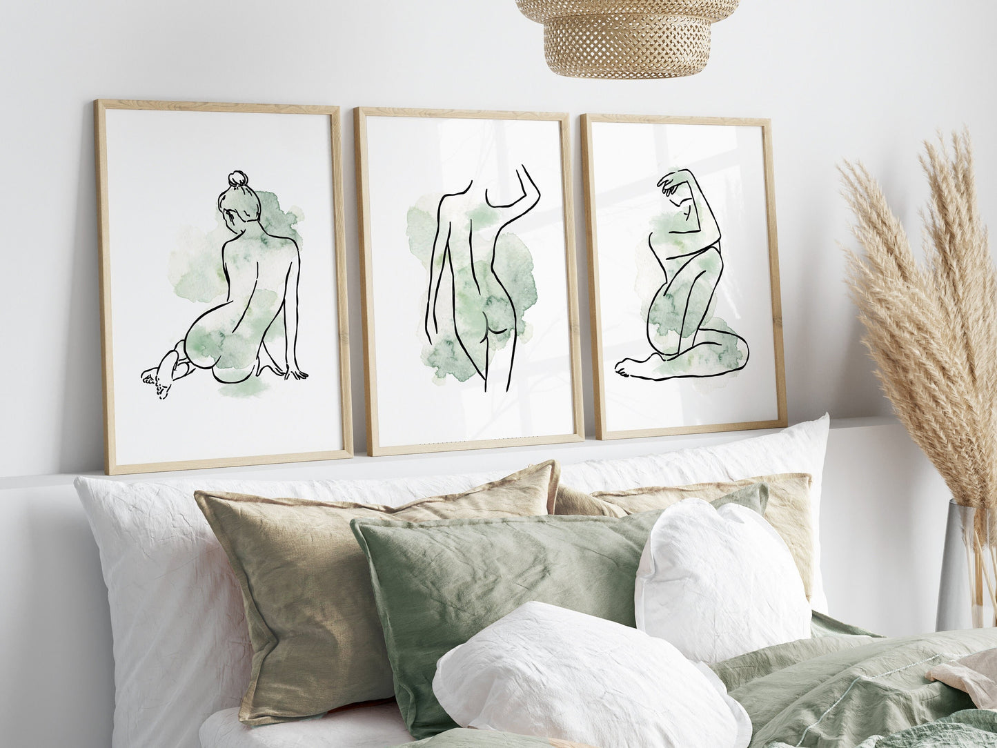 Set of 3 Green Women Line Art Wall Prints