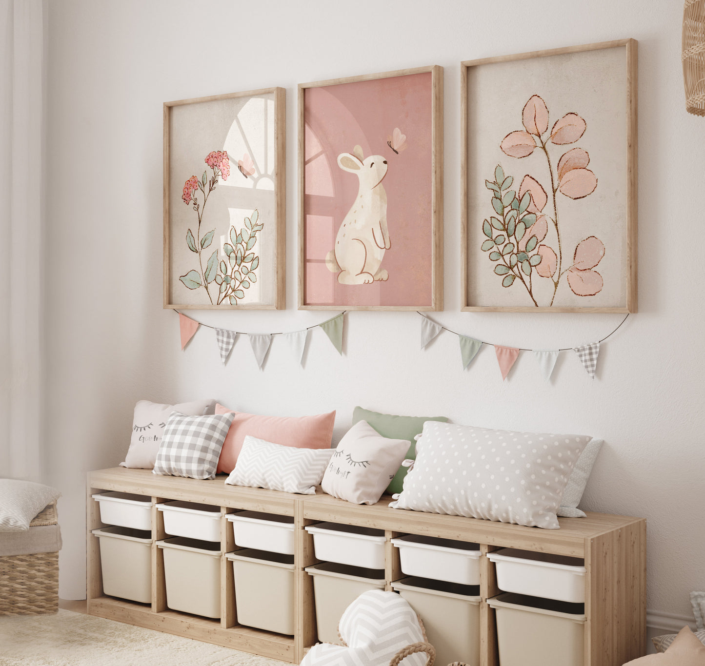 Set of 3 Pink Bunny Girls Nursery Wall Art Prints