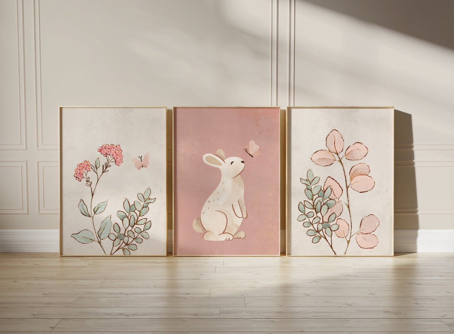 Set of 3 Pink Bunny Girls Nursery Wall Art Prints