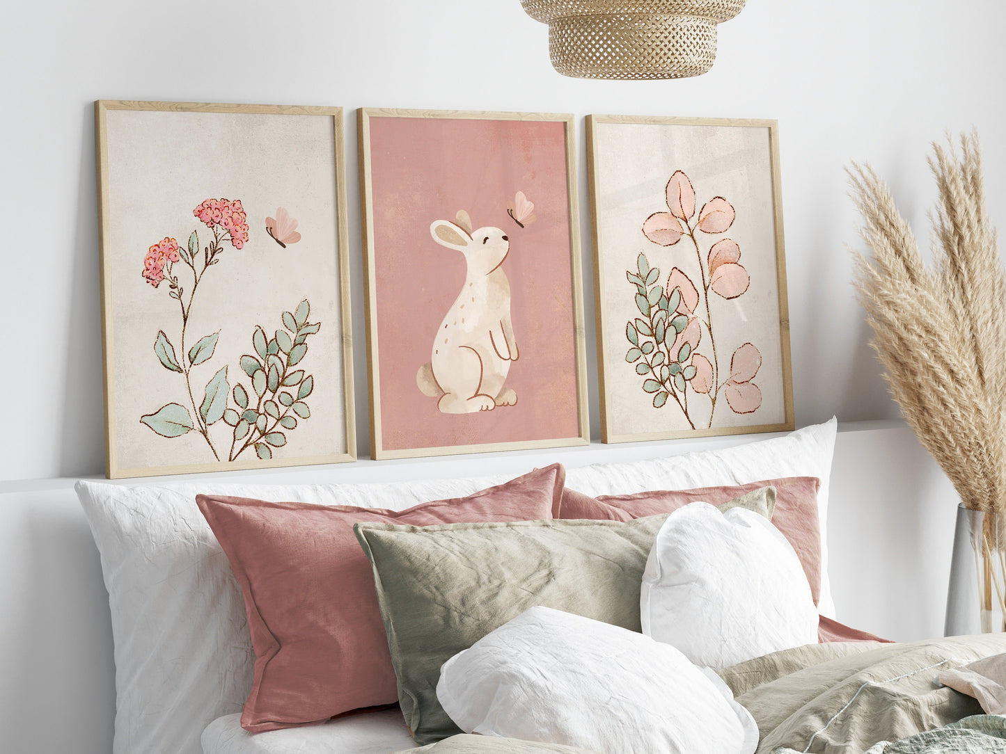 Set of 3 Pink Bunny Girls Nursery Wall Art Prints