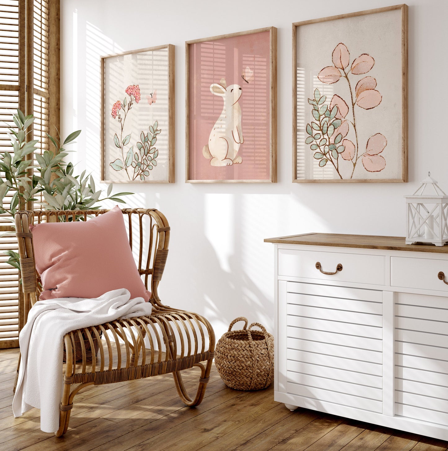 Set of 3 Pink Bunny Girls Nursery Wall Art Prints