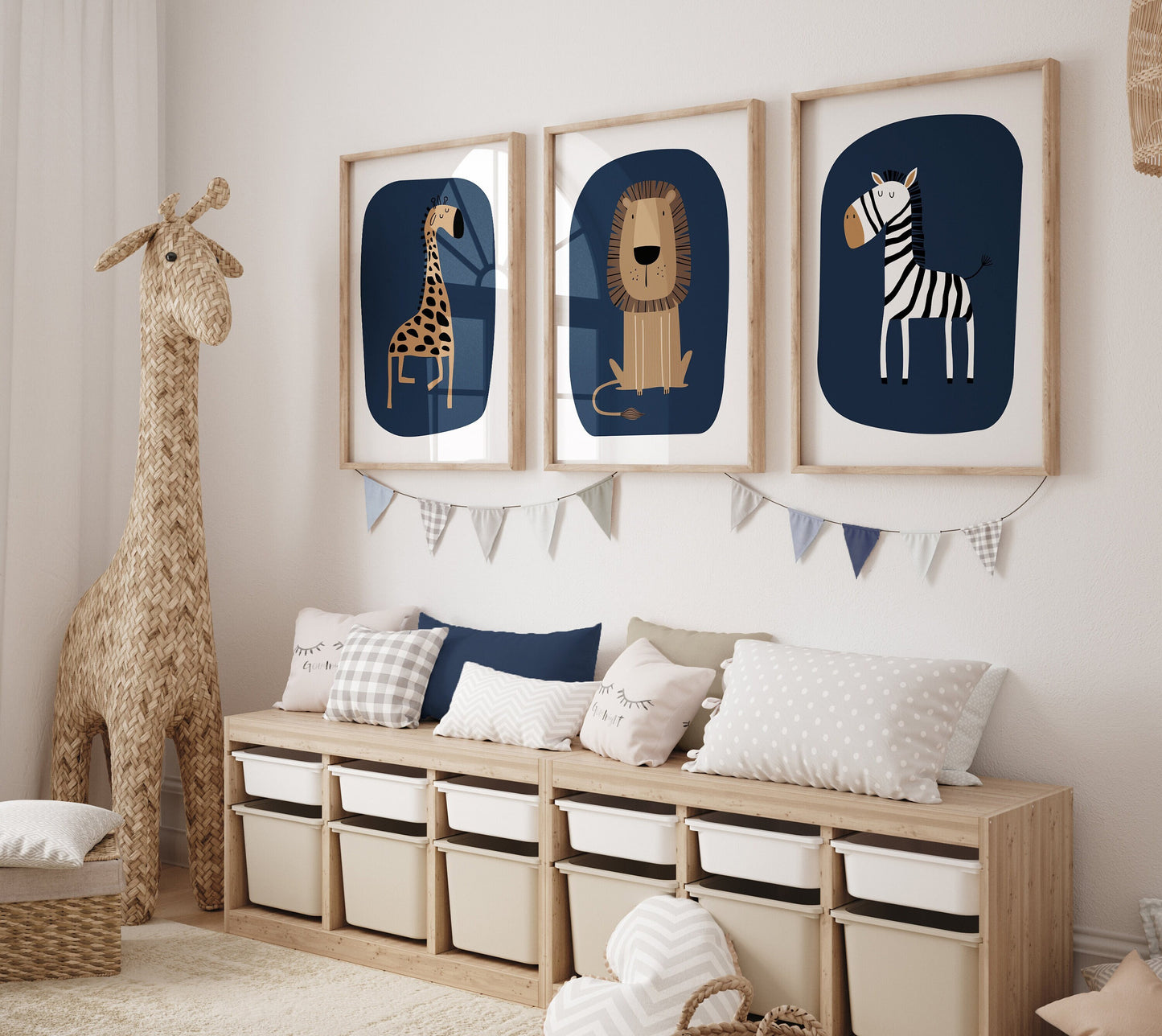 Set of 3 Navy Safari Animal Boys Bedroom Prints