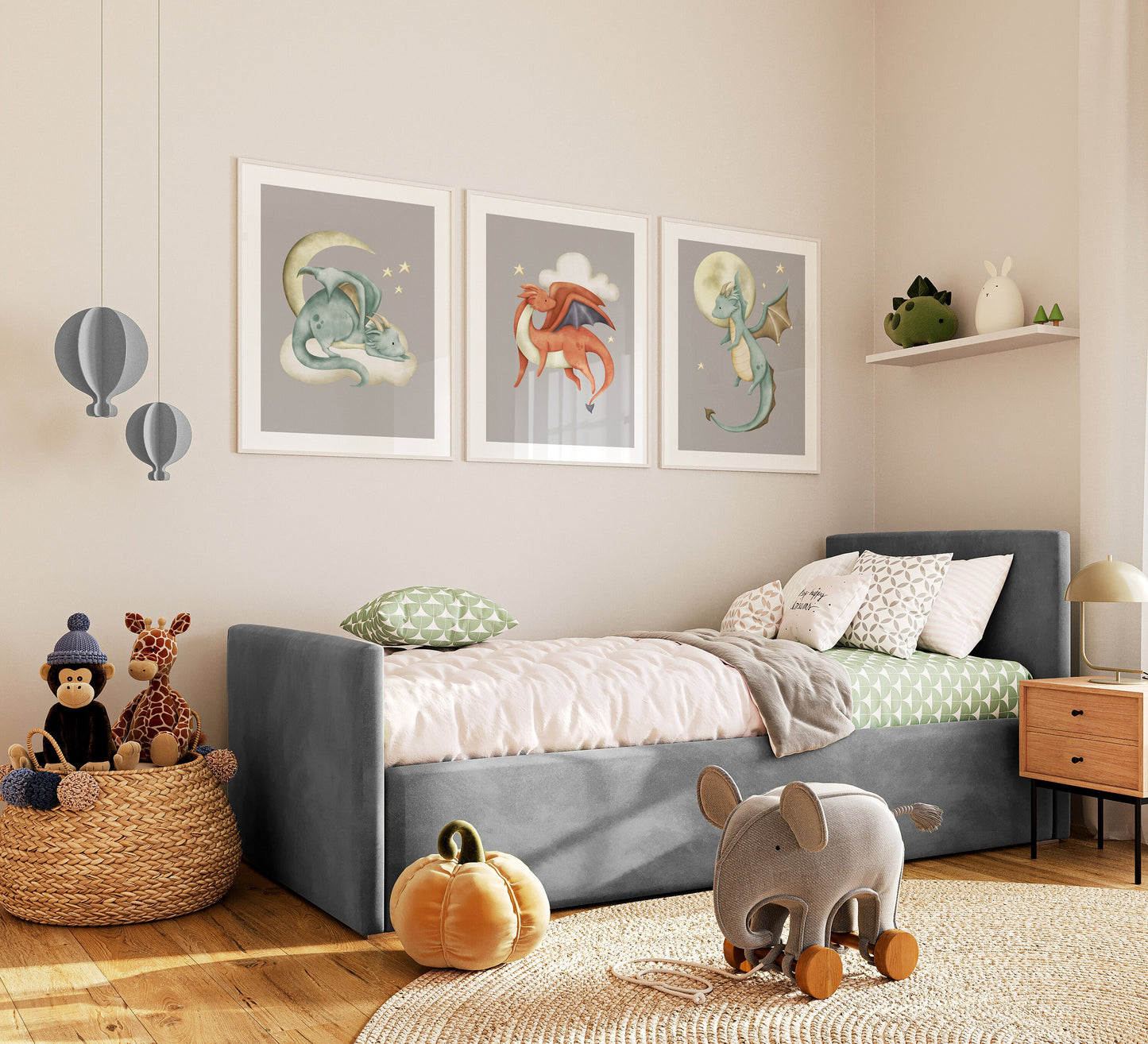 Set of 3 Grey Dragon Boys Bedroom Prints