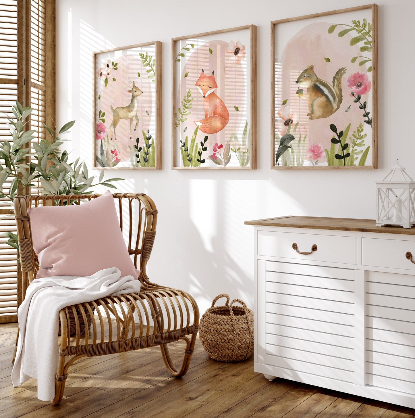 Set of 3 Pink Woodland Girls Nursery Wall Prints