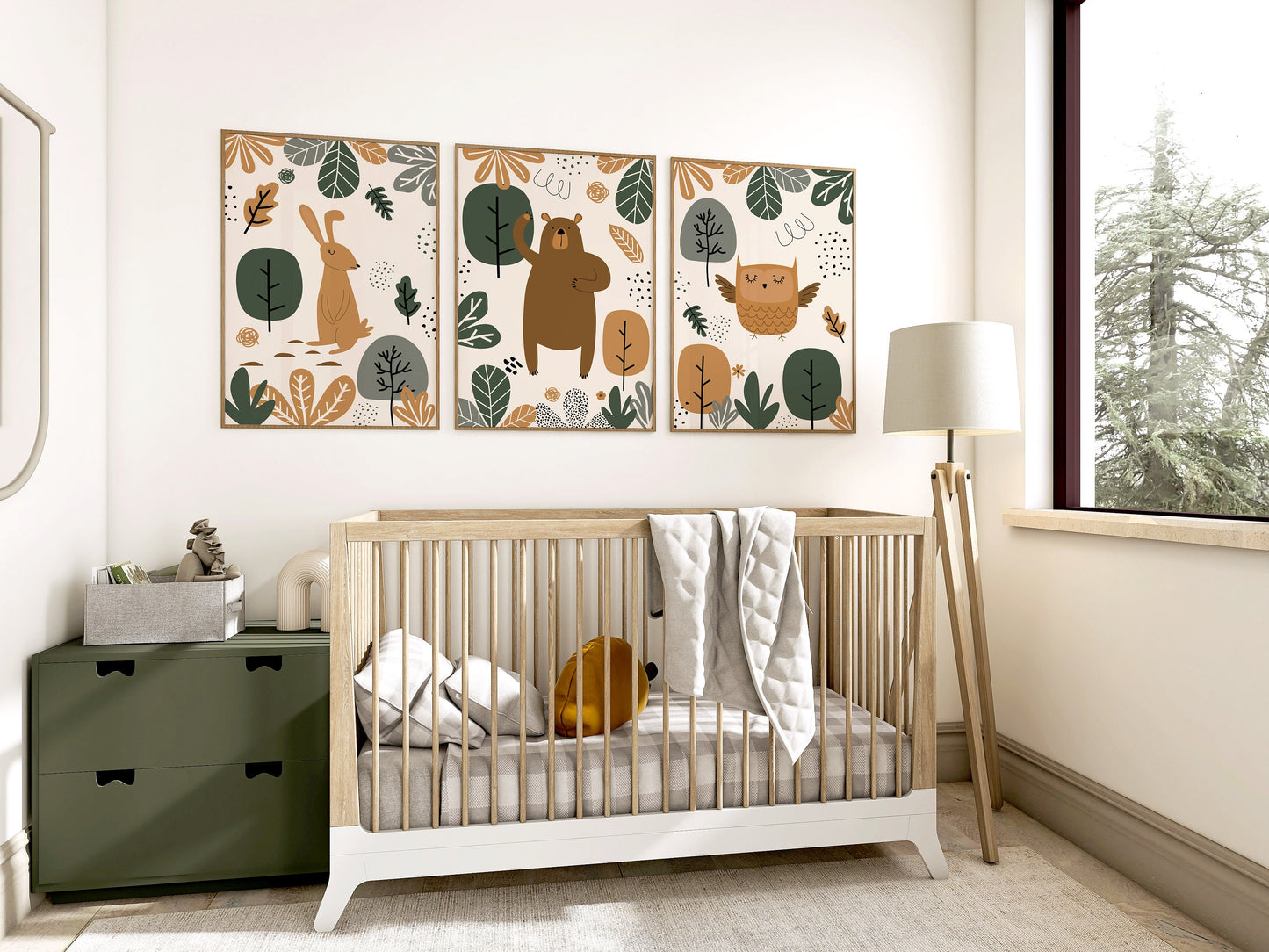 Set of 3 Green & Beige Woodland Nursery Wall Prints