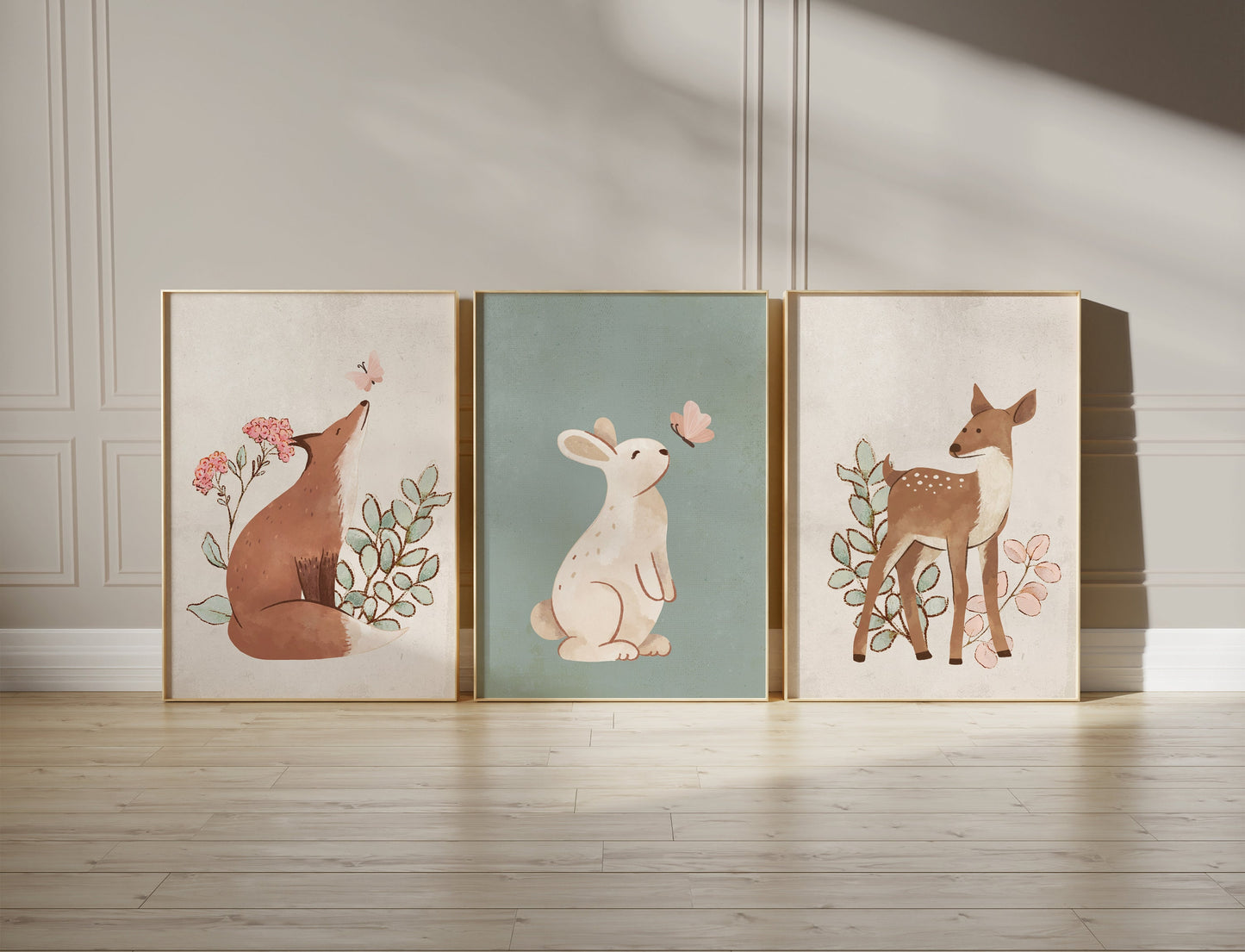 Set of 3 Sage Green & Cream Woodland Animal Nursery Prints