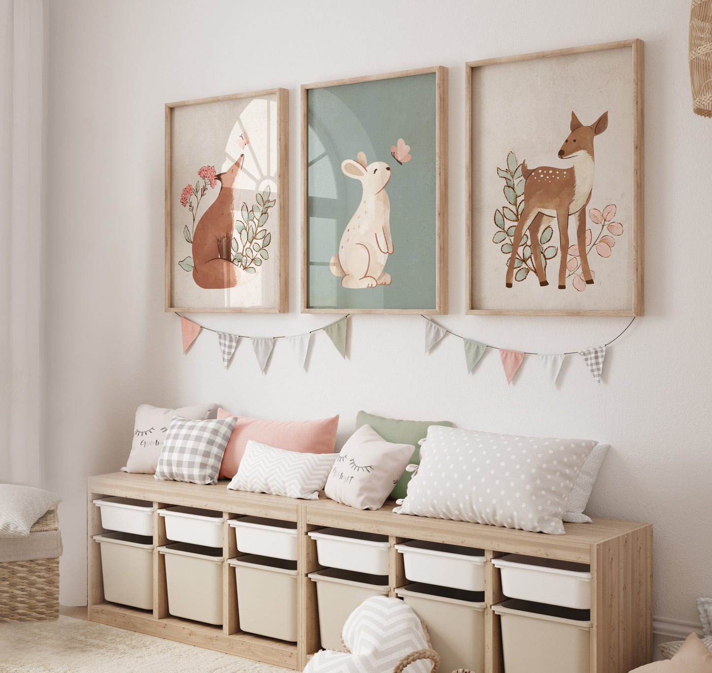 Set of 3 Sage Green & Cream Woodland Animal Nursery Prints