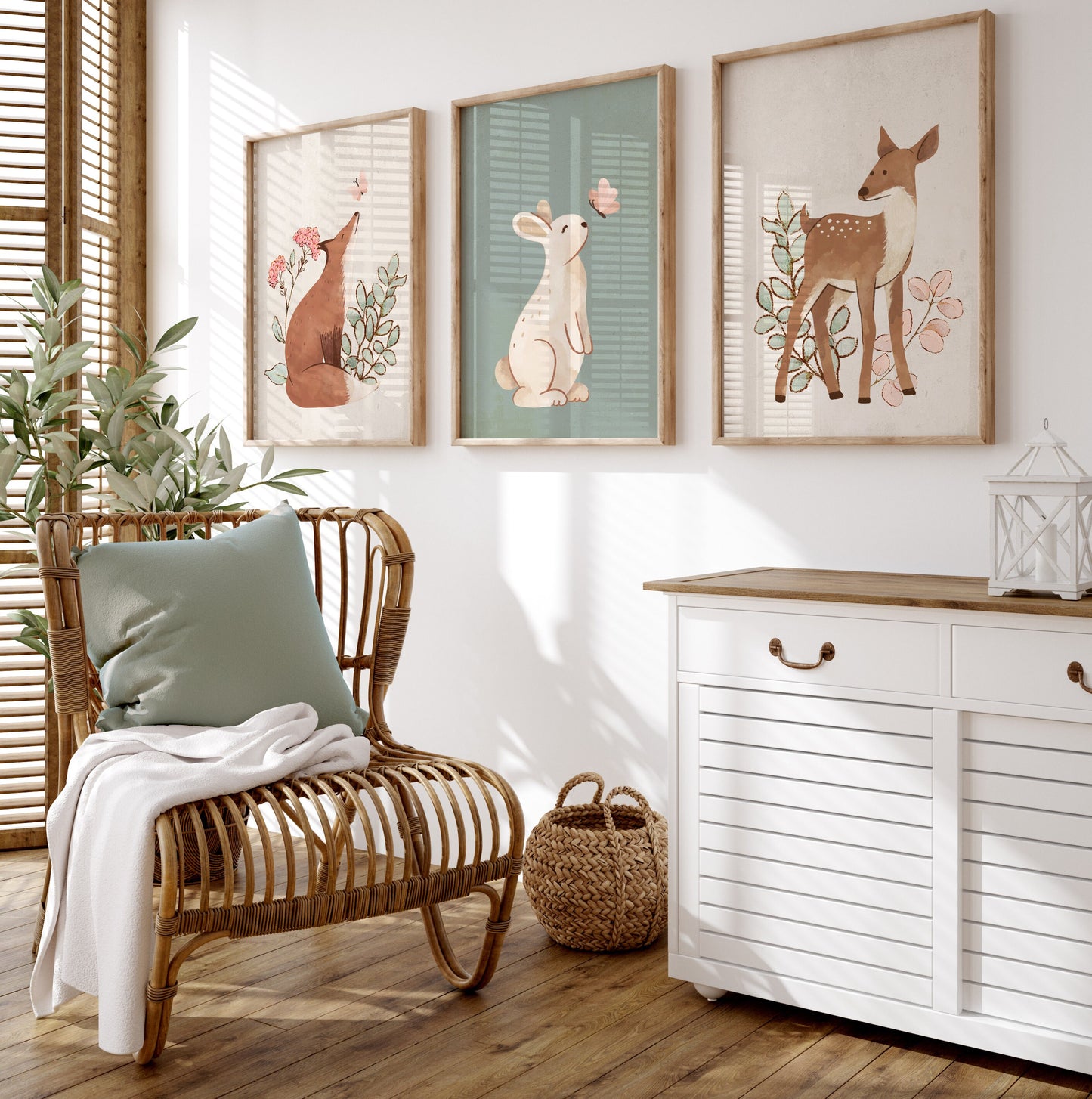 Set of 3 Sage Green & Cream Woodland Animal Nursery Prints