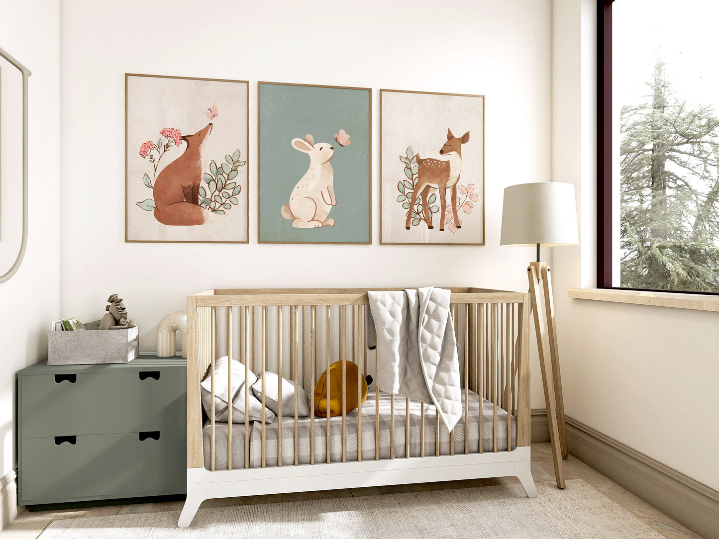 Set of 3 Sage Green & Cream Woodland Animal Nursery Prints
