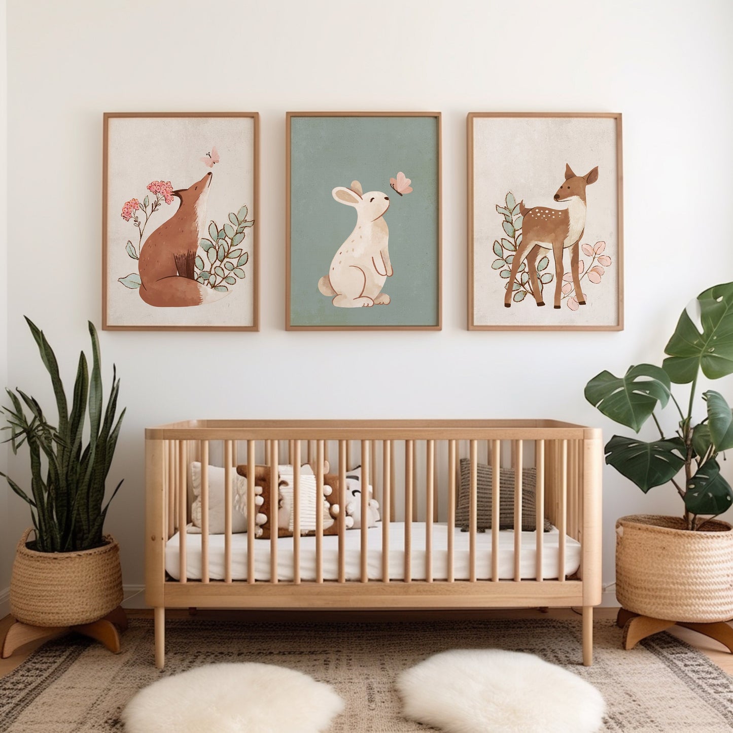 Set of 3 Sage Green & Cream Woodland Animal Nursery Prints